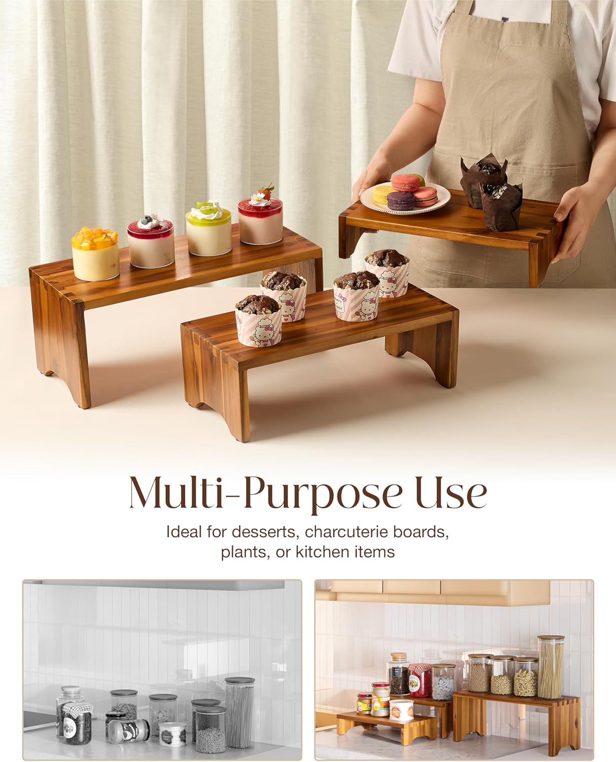 Acacia Wood Risers Display Stands Set of 3 - Wooden 3 Tier Cupcake Stand - 3 Tiered Riser for Vendors - Decorative Display Risers for Food Desserts Stand, Perfume, Funko POP at Party Wedding