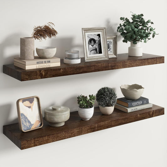 RICHFOCUS Elm Floating Shelves for Wall - 40" W x 9.3" D Rustic Solid Wood Shelves with Invisible Bracket, Wall-Mounted for Living Room, Bedroom, Kitchen Storage & Display, Set of 2, Walnut