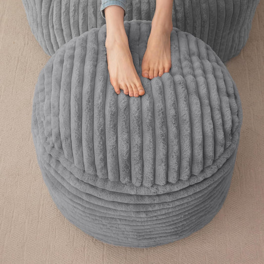 HIGOGOGO Round Stuffed Pouf Ottoman, Stripe Faux Fur Poufs with Foam Chunk Filling, Furry and Fluffy Pouf Foot Stool Storage Ottoman, 26 X 18 Floor Poufs Foot Rest for Living Room, Grey