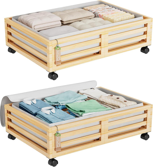 Bamboo Under Bed Storage Containers- Underbed Organizer with Wheels with Large Dust Bag,Sturdy Wood Rolling Under the Bed Shoe Storage Organizer Drawer 2 Packs (Nature, Small)