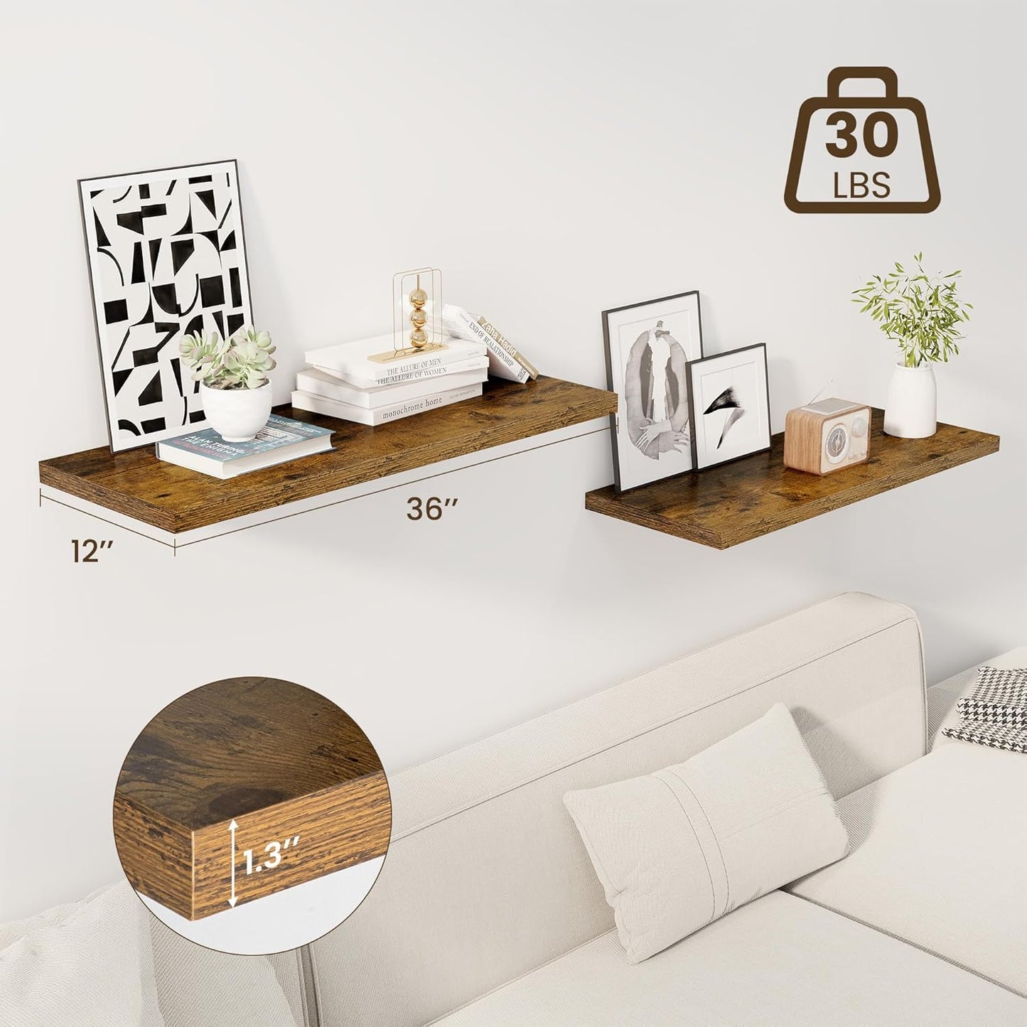 36" Floating Shelves for Wall, 12" Deep Slim Rustic Brown Floating Shelves, Wall-Mounted Shelves for Bedroom, Living Room, Kitchen, Bathroom - Set of 2