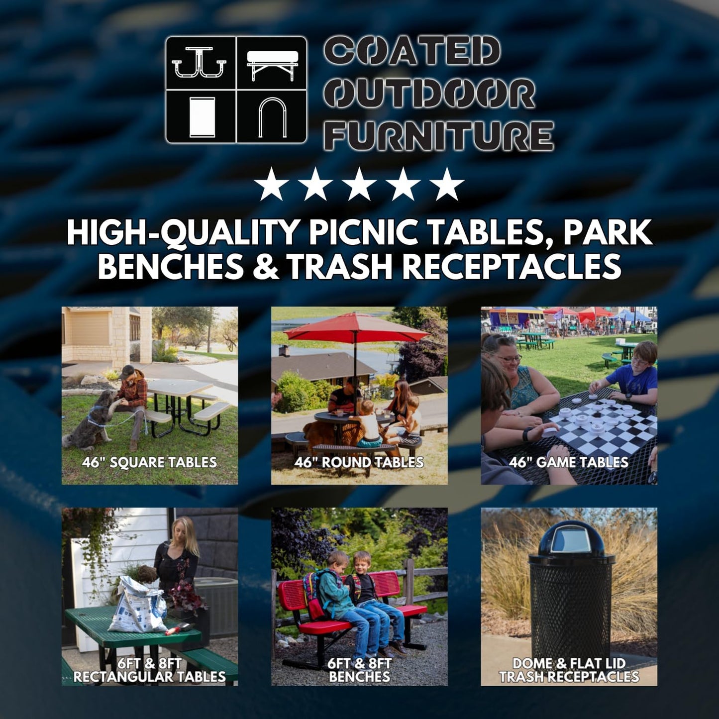 Heavy-Duty Portable Outdoor Picnic Table with Umbrella Hole, Expanded Metal Commercial-Grade Patio Dining Furniture Made in America (46" Round Top, Black)