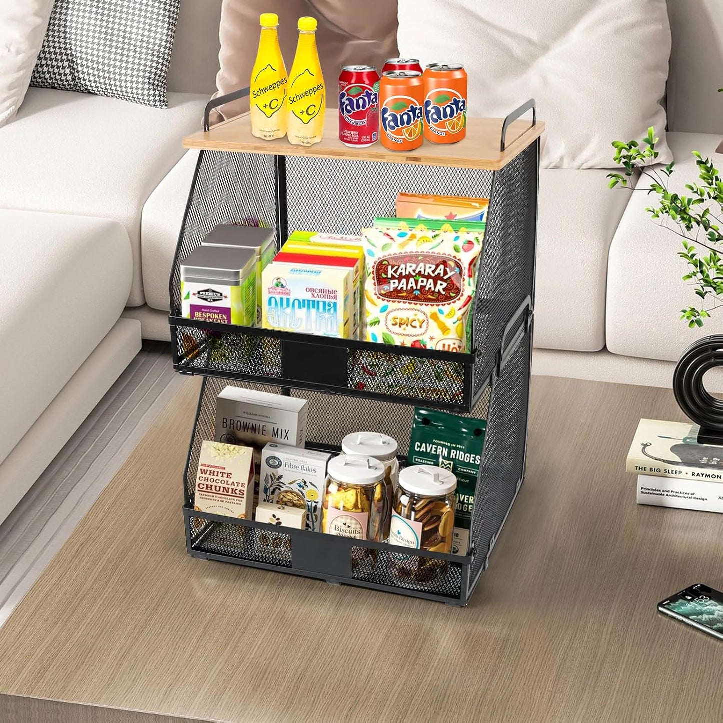 2 Tier Stackable Hanging fruit basket for kitchen counter,hanging Wall baskets with Bamboo Tops & Tag,Wire basket for Cabinet Shelf Countertop Pantry Organizer Bins, onion potato Vegs Bread Organizing