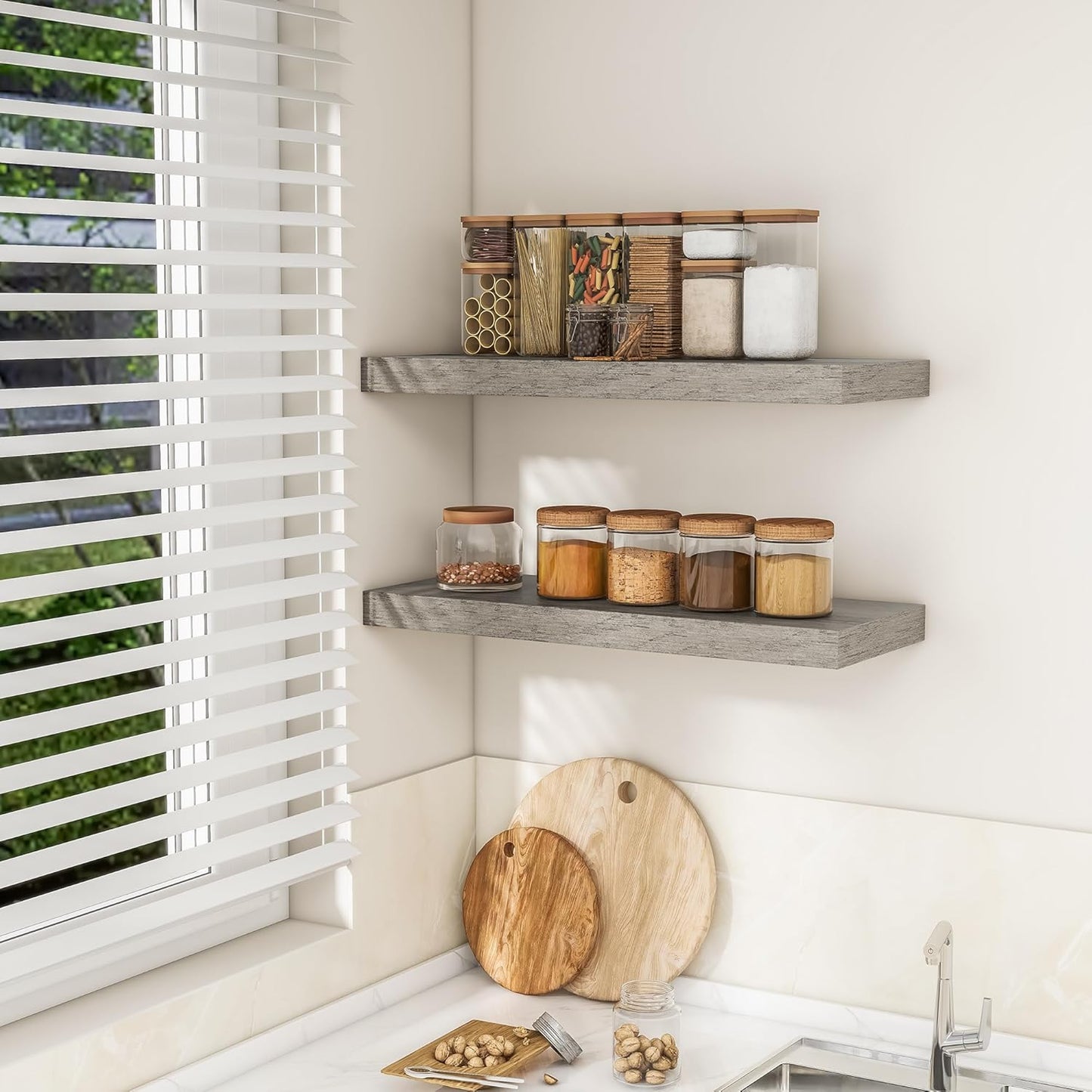 RICHFOCUS 31.5Inch Floating Shelves for Wall 2 Pack Shelves for Bedroom|Kitchen|Bathroom Wall Mounted Rustic Wood Floating Shelf with Invisible Brackets for Books|Storage|Decor, Grey