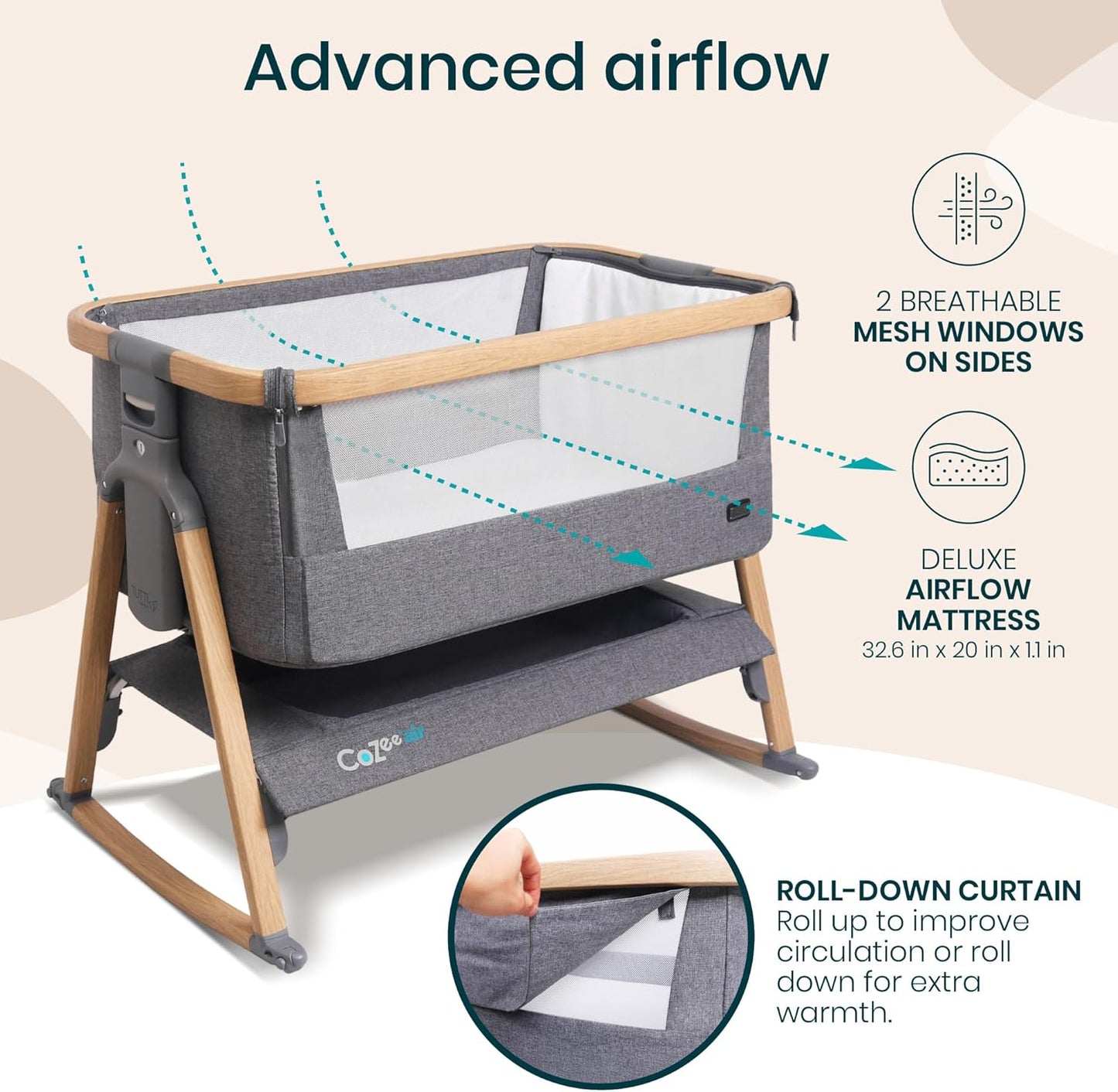 CoZee® Air Baby Bassinet & Bedside Sleeper - Rocking Bassinet for Baby, Fast-Folding with Travel Bag, Deluxe Airflow Mattress & 6 Mattress Heights, 0-6 Months (Oak & Charcoal)
