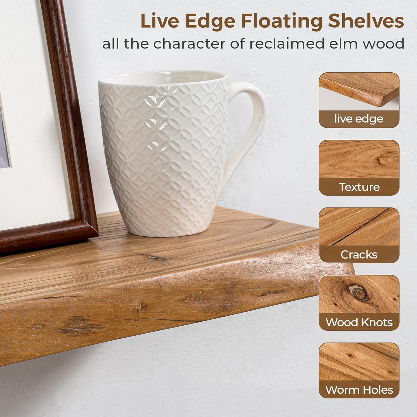 Axeman 48 inch Floating Shelves for Wall - 8'' D Live Edge Rustic Solid Elm Wood Floating Shelves Wall Mounted, Hanging Shelves with Invisible Bracket for Living Room Bedroom Kitchen, Natural