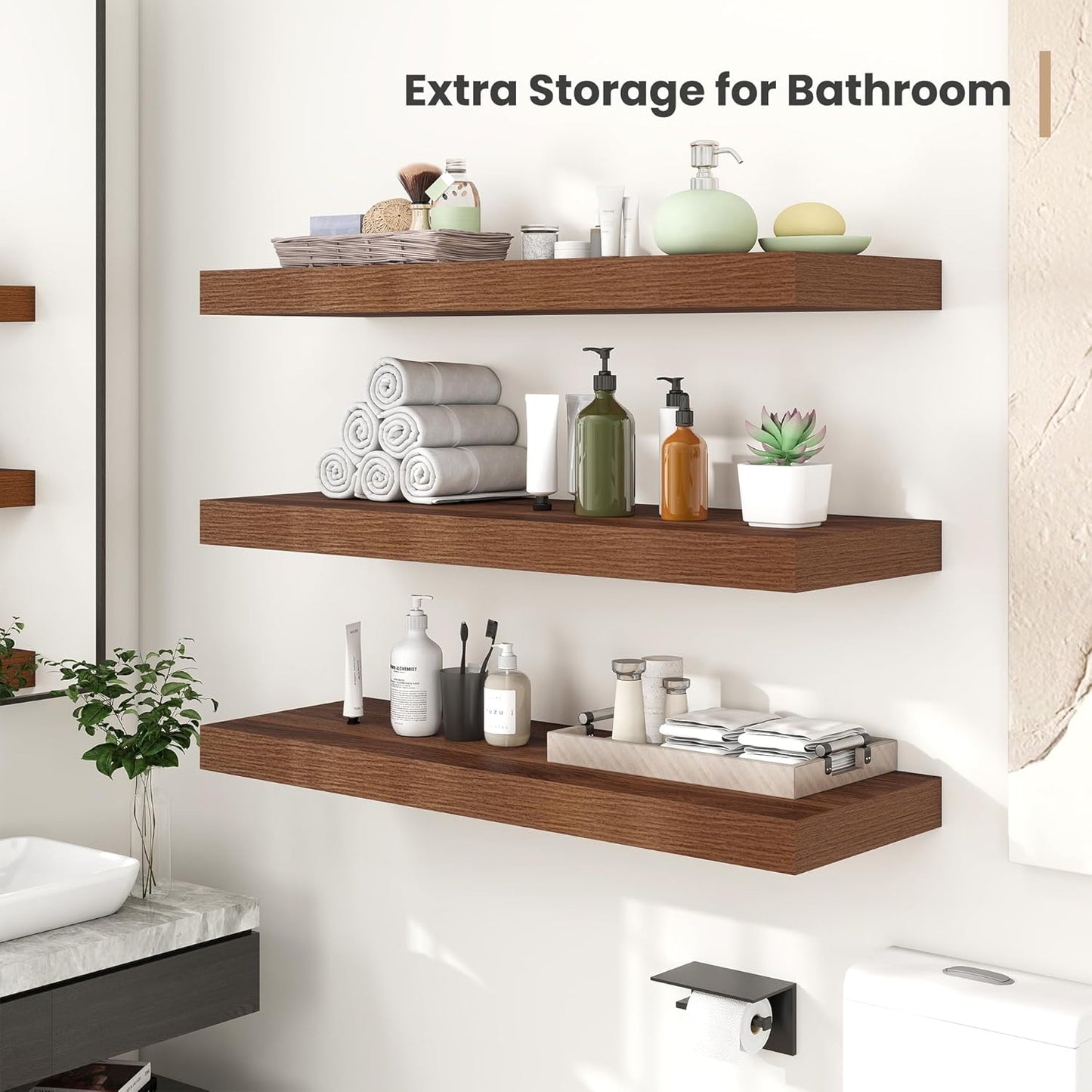 Heimlove 24 x 12 Inch Deep Floating Shelves Wall Mounted with Invisible Brackets,Storage Hanging Shelf for Wall Decor in Bathroom, Bedroom, Toilet, Kitchen, Living Room, Office Set of 2 (Walnut)