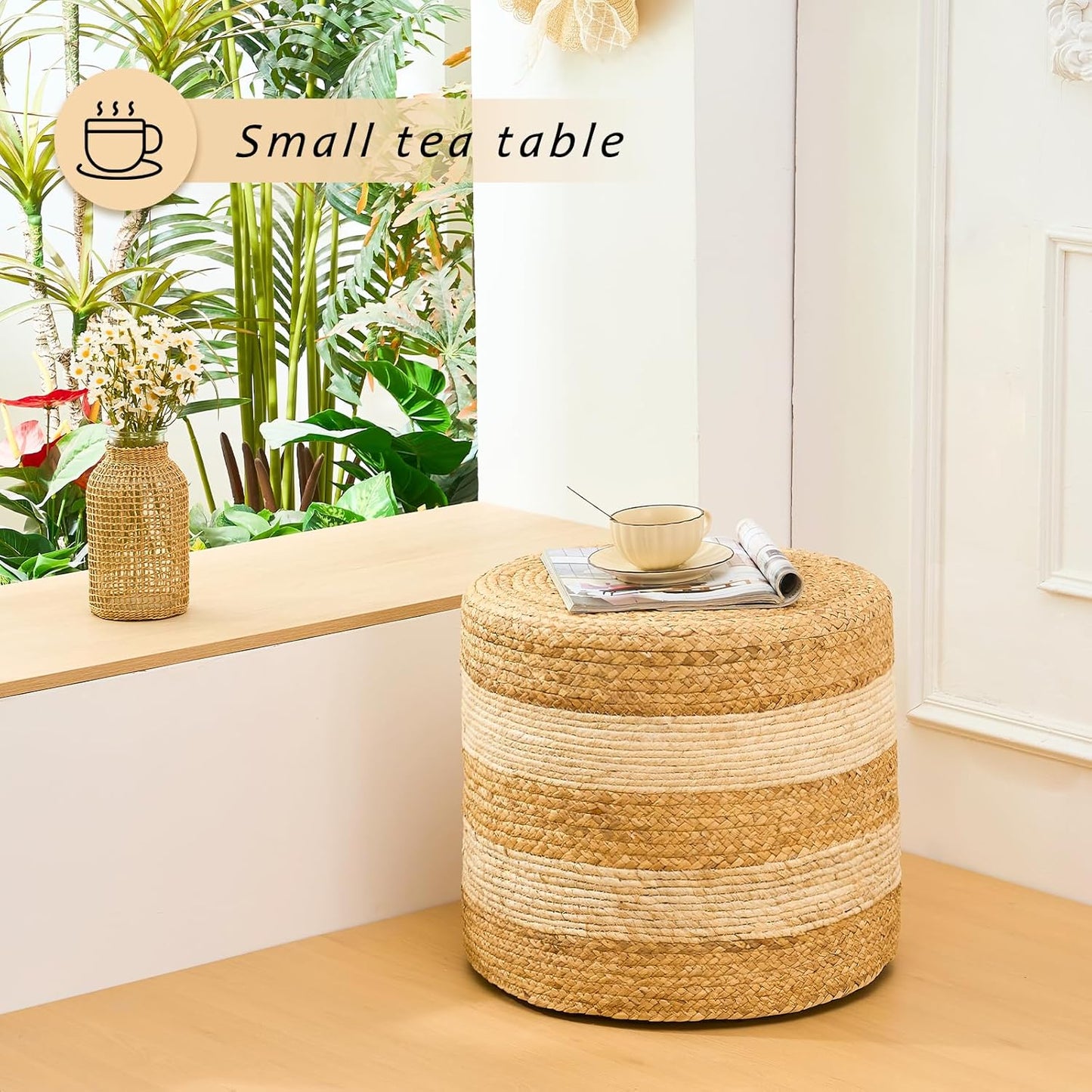 Handwoven Ottoman Pouf, Natural Water Hyacinth Footstool, Round Braided Outdoor Seat with Sturdy Frame, Boho Accent Stool for Patio, Balcony, or Garden (White)