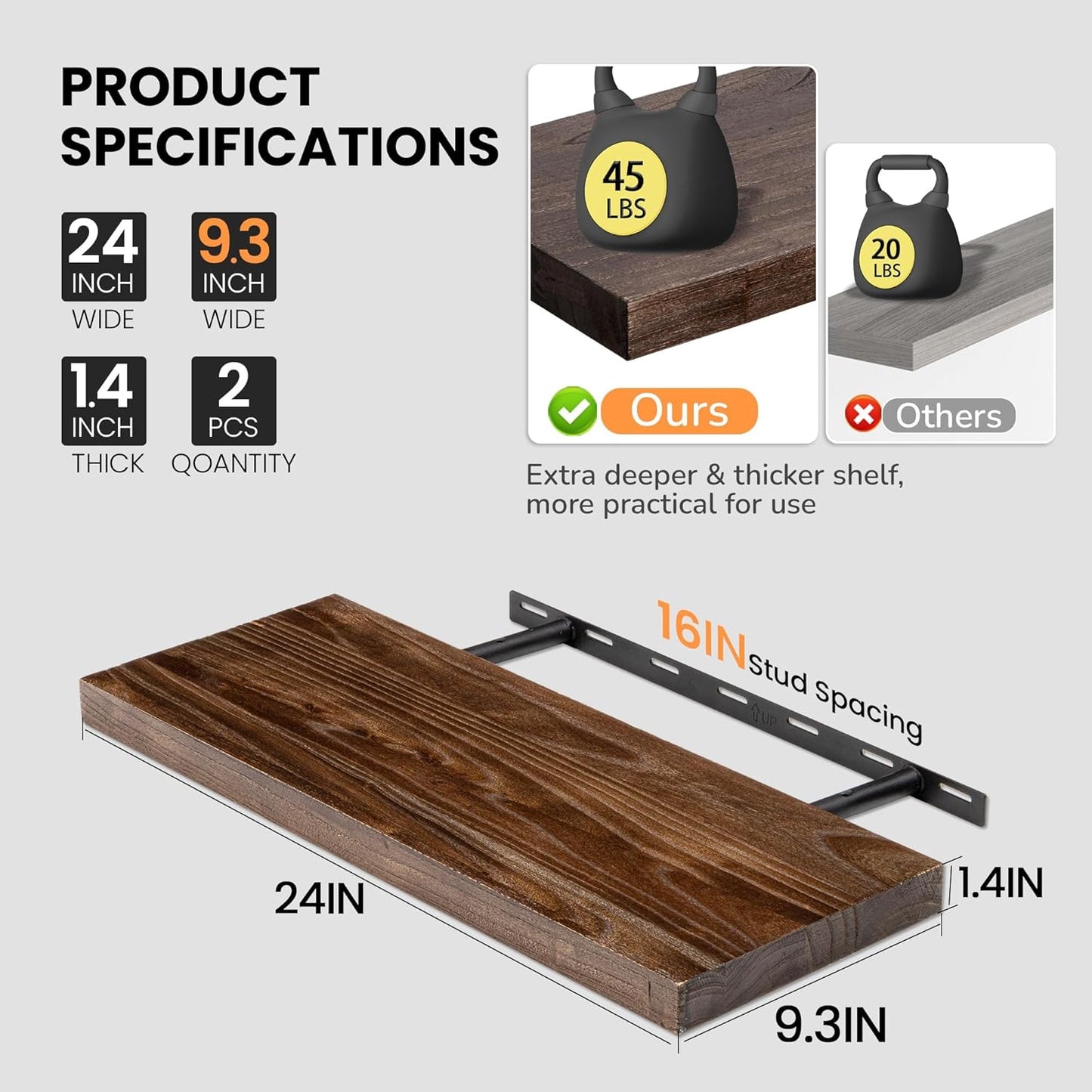 Fun Memories Floating Shelves for Wall, 24"x9.3" Rustic Solid Elm Wood Shelves, Heavy-Duty Wall Mounted Shelves with Invisible Brackets, Set of 2 for Living Room, Bedroom, Kitchen, Walnut Finish