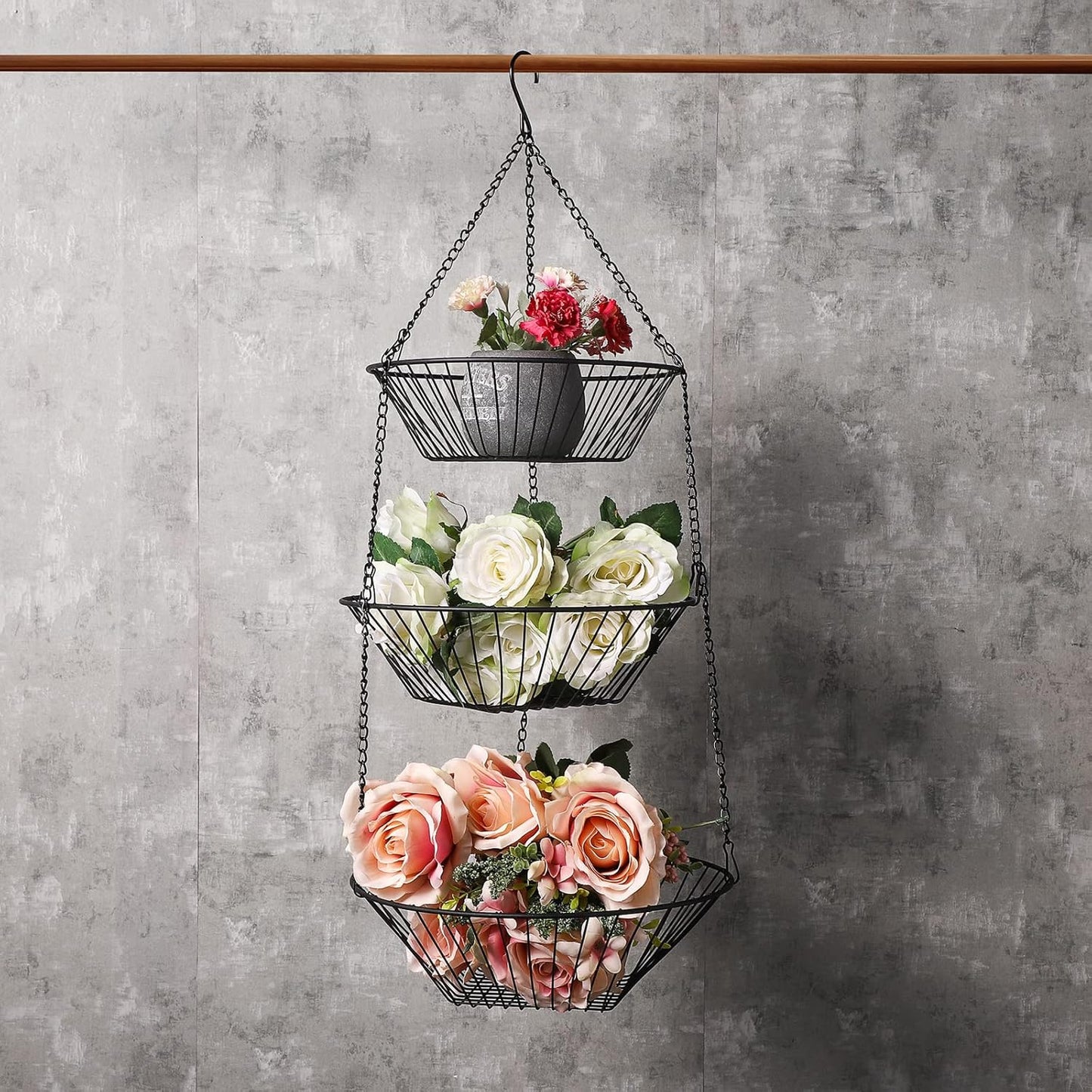 3-Tier Wire Fruit Hanging Basket 2 Packs, non-Punching Wall Hanging Storage, Kitchen Bathroom Organization Basket, Suitable for Bathroom, Kitchen, Closet, Garden, Chrome