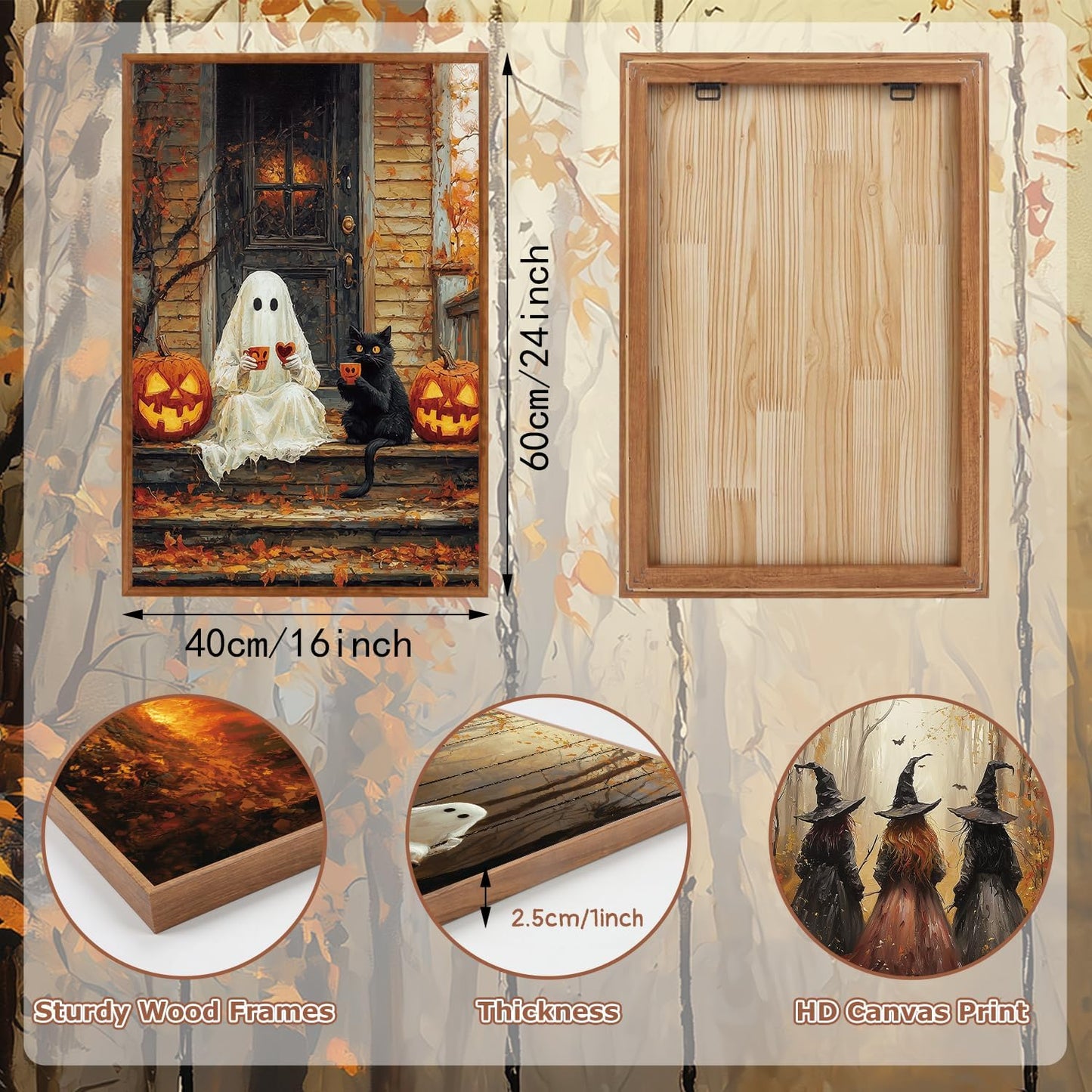 HLNIUC Framed Halloween Canvas Wall Art,Dark Witch Crow Raven Prints,Black Cat Decor,Horror Gothic Ghost Pictures Set of 3 (16"X24") Scary Pumpkin Wall Decor for Party Living Room Bedroom Decoration