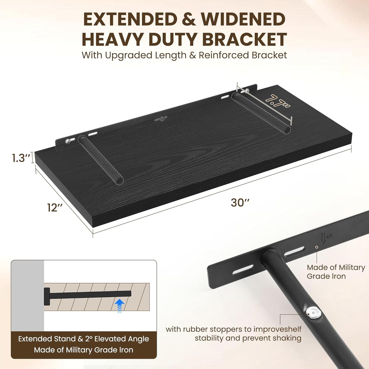 30" Floating Shelves for Wall, 12" Deep Slim Black Floating Shelves, Wall-Mounted Shelves for Bedroom, Living Room, Kitchen, Bathroom - Set of 2