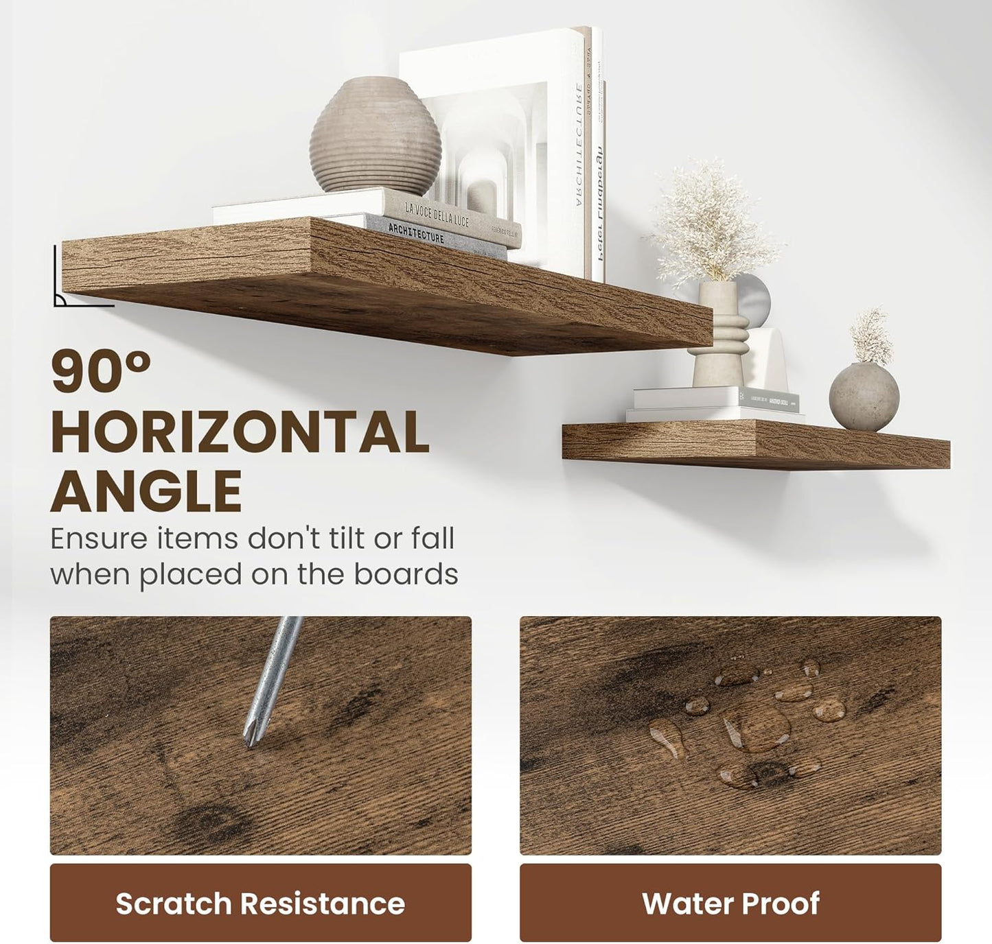 24 Inch Floating Shelves, 11.6 Inch Deep Floating Shelves for Wall, Floating Shelf with Invisible Brackets, Deep Shelves for Bathroom, Bedroom, Living Room, 2 Pack, Brown