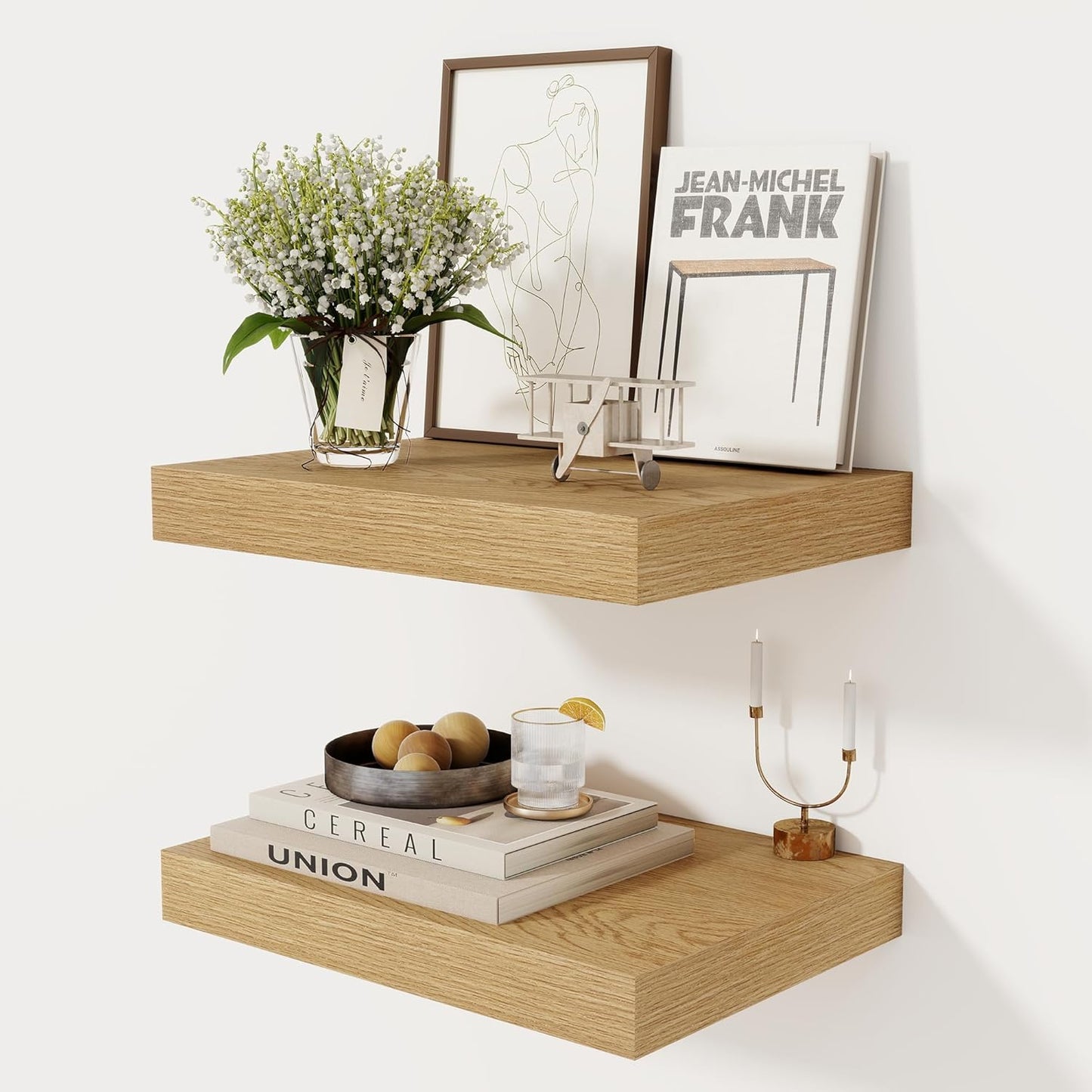 12 Inch Deep Floating Shelves, 16 x 12 Floating Shelf for Books, Rustic Wood Deep Wall Shelves for Home Storage & Display, 2" Thicked Shelves for Kitchen, Living Room, Bedroom, Oak Color, 2 Pack