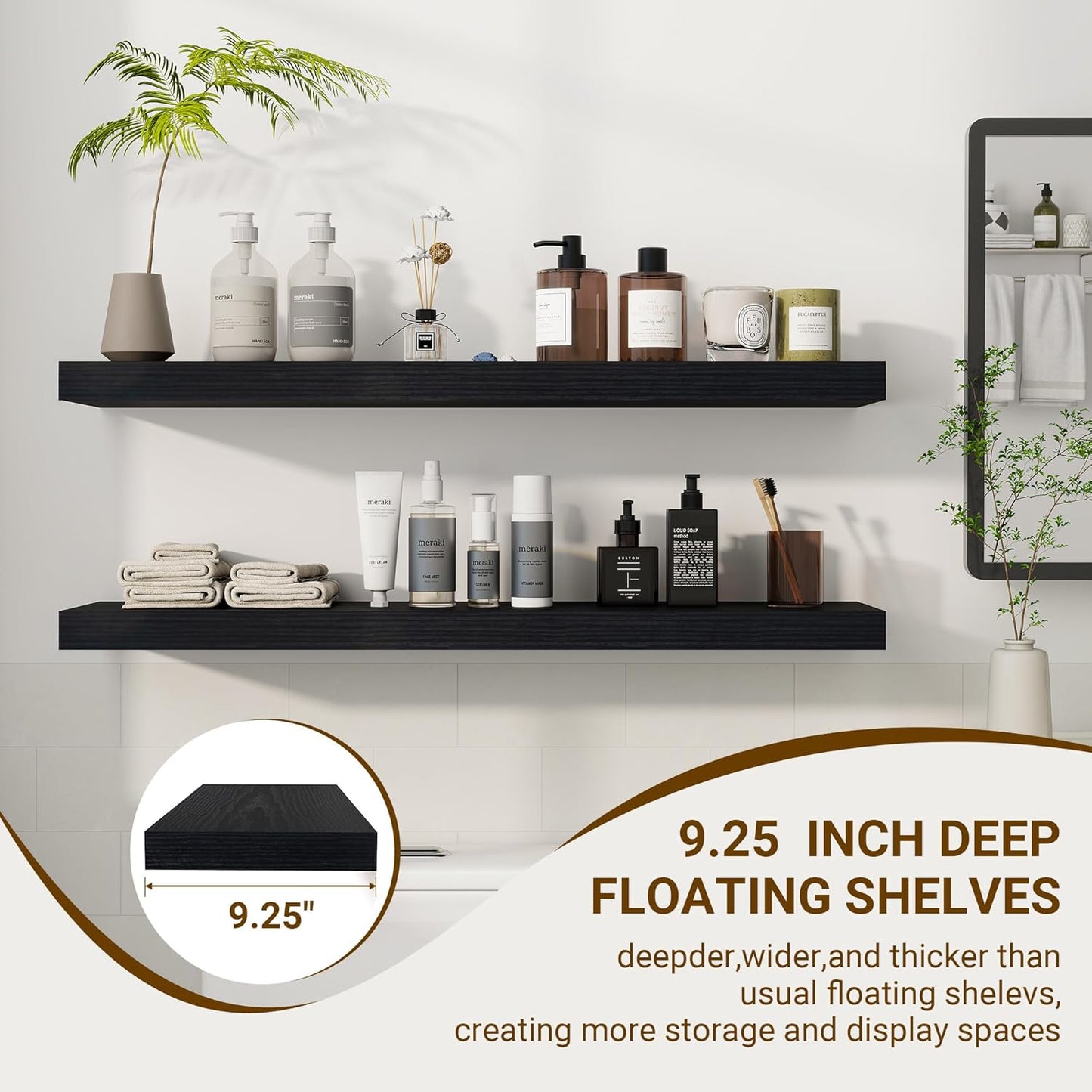 36 Inch Floating Shelves, 36"x9.25"x1.5" Inch Deep Floating Shelves for Wall, Wooden Shelves for Bathroom, Bedroom, Living Room, Black