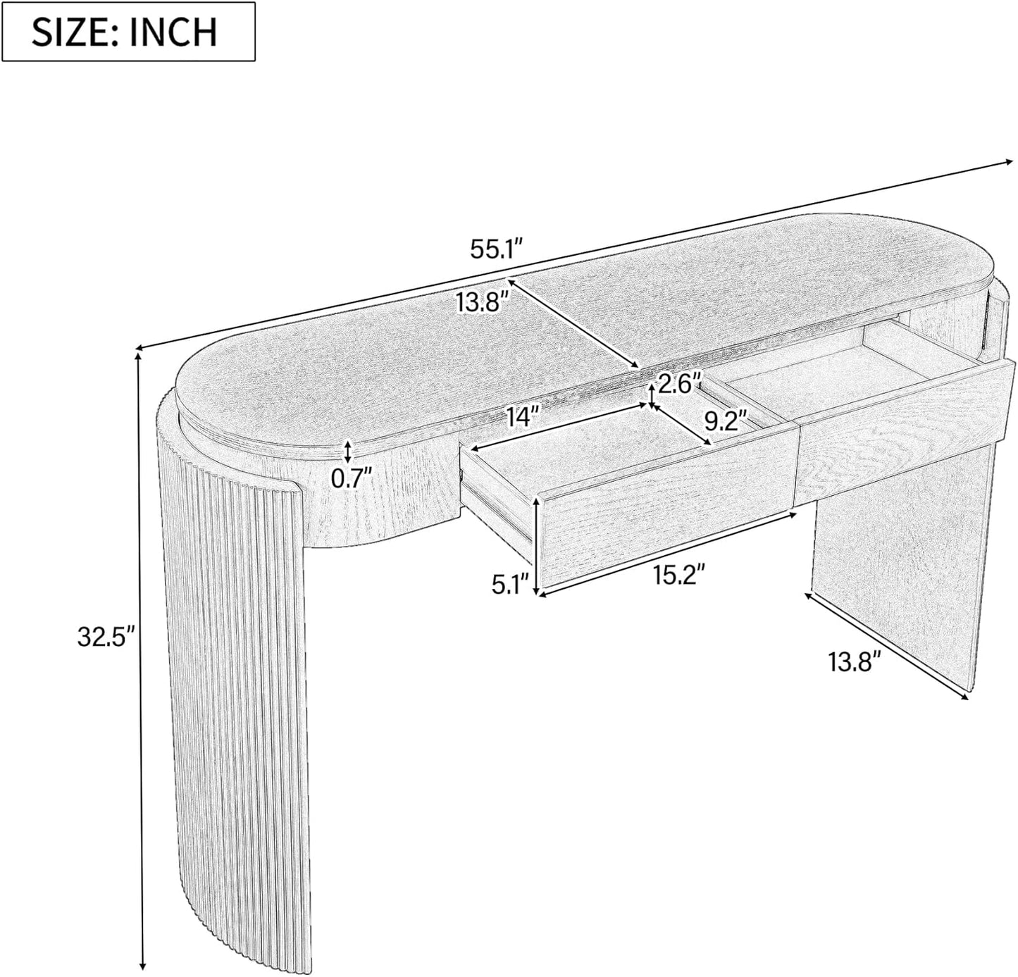 55" Sofa Table with Oval Top and 2 Drawers, Entryway Console Table with Fluted Design for Hallway,Foyer,Entry and Living Room (Fully Assembled-Pine Wood)