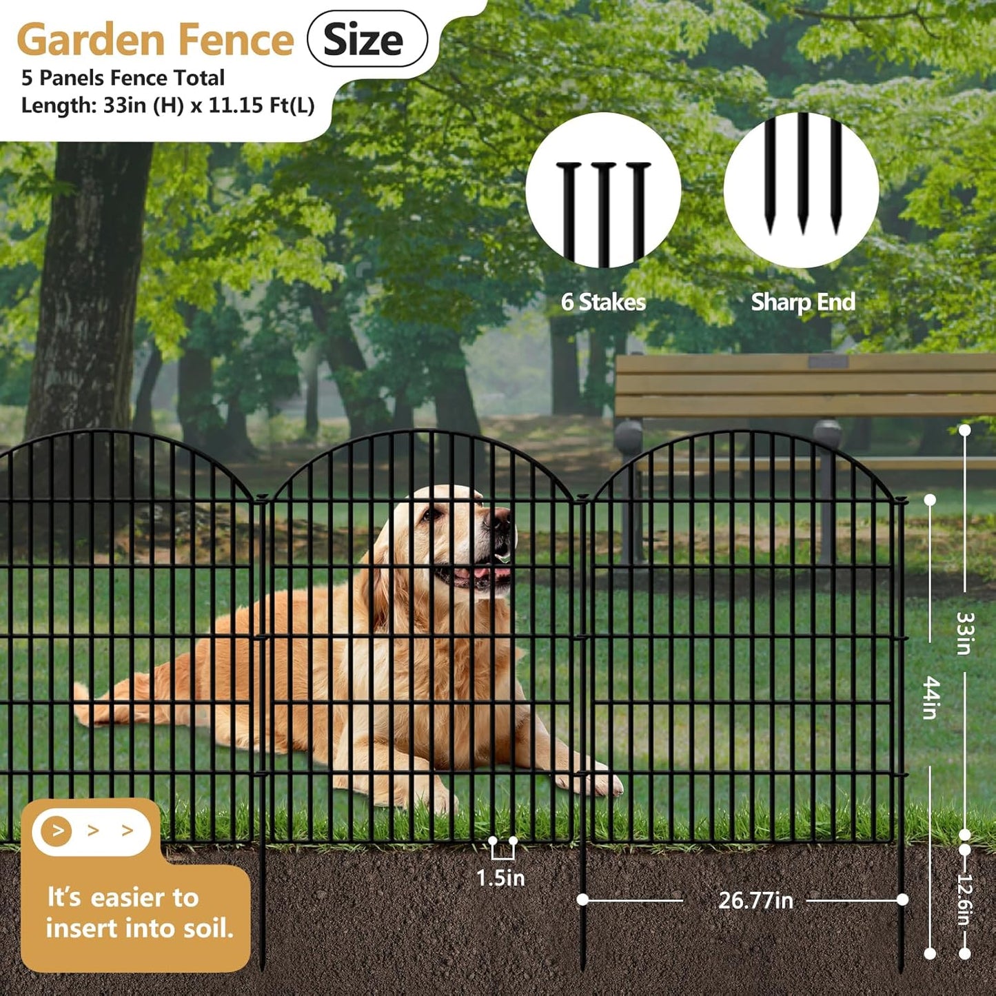 5 Panels Decorative Garden Fence 33in (H) x 11.15ft (L), Rustproof Metal No Dig Fencing Animal Barrier Border for Dog Rabbit, Flower Edging for Yard & Patio Outdoor Landscape