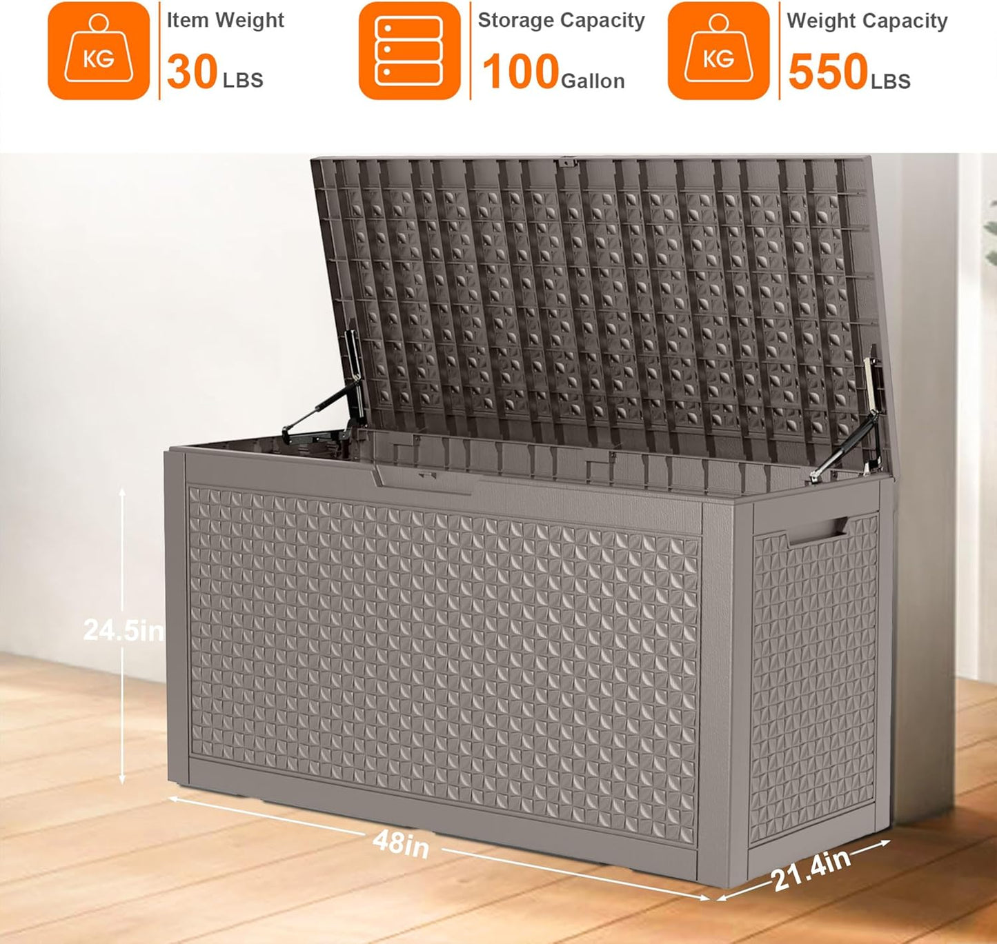 100 Gallon Resin Deck Box, Lockable Outdoor Storage Box for Patio Cushions Storage Furniture,Garden Tools, Pool Supplies, Weatherproof and UV Resistant (Grey L)