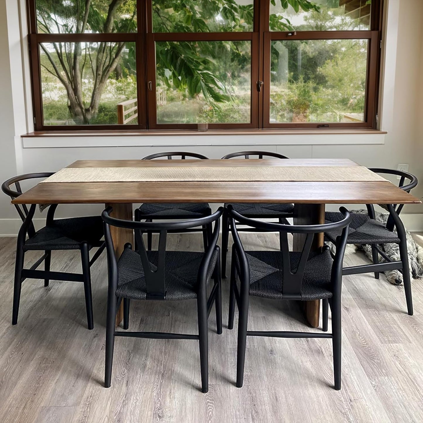 Wishbone Chair Natural Solid Wood Dining Chair/Hans Vegner Y Chair Rattan and Wood Accent Armrest Chairs Set of 4 (Ash Wood - Black)