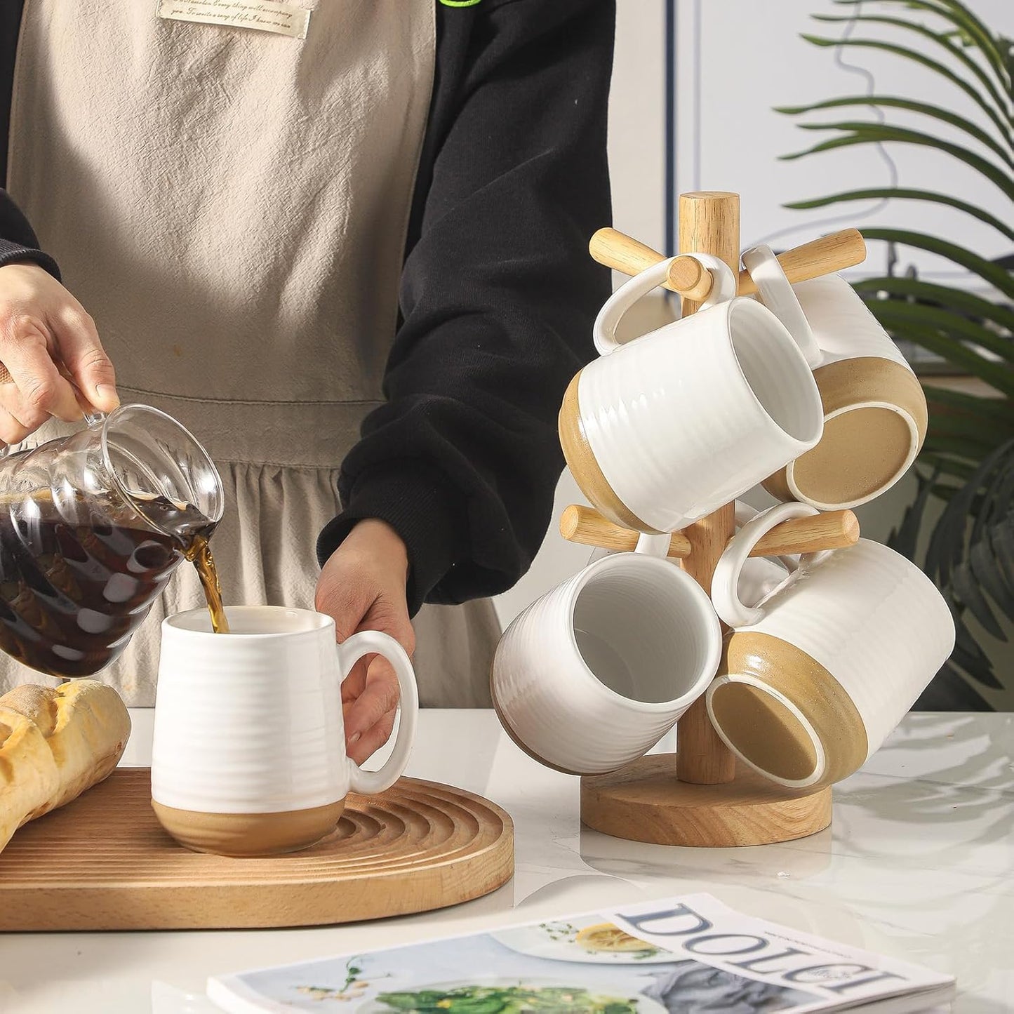 Hasense Porcelain Coffee Mugs Set of 6, 15 Ounce Large Ceramic Coffee Cups Set with Handle for Latte, Tea, Cocoa and Hot Chocolate, White Coffee Mugs for Men and Women, Microwave Safe