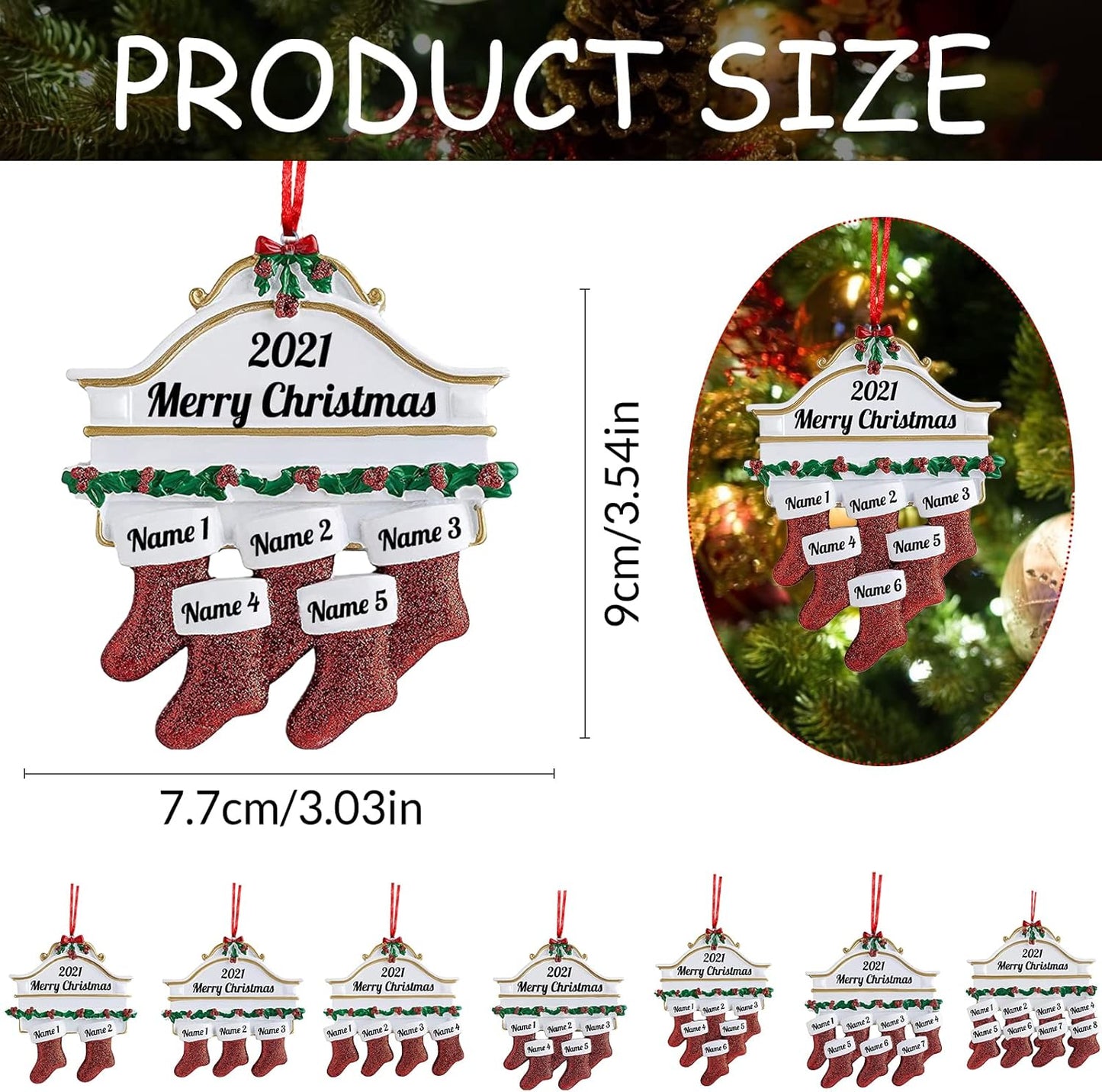 Personalized Christmas Ornaments Family of 2,3,4,5,6,7,8 Custom Christmas Stocking Ornaments with Names, Customized Xmas Day Home Christmas Tree Decora- Family of 5
