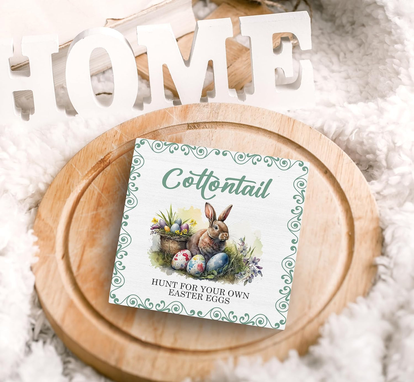 SRADMO Easter Wooden Block Decorative Sign, 5x5 inches, Wood, Tabletop Mount, Multicolor, Easter Theme, Rustic Style, Pre-Printed Text: Cottontail