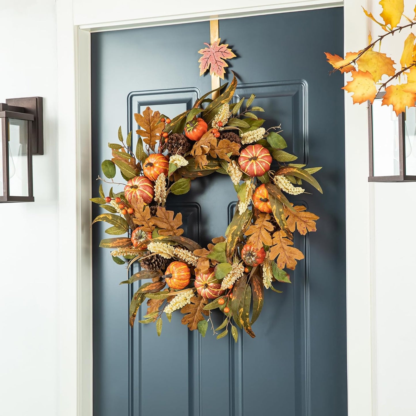 Glitzhome 24''D Fall Pumpkin Leaf Floral Wreath Decor, Artificial Harvest Door Wreath for Autumn or Thanksgiving Decoration