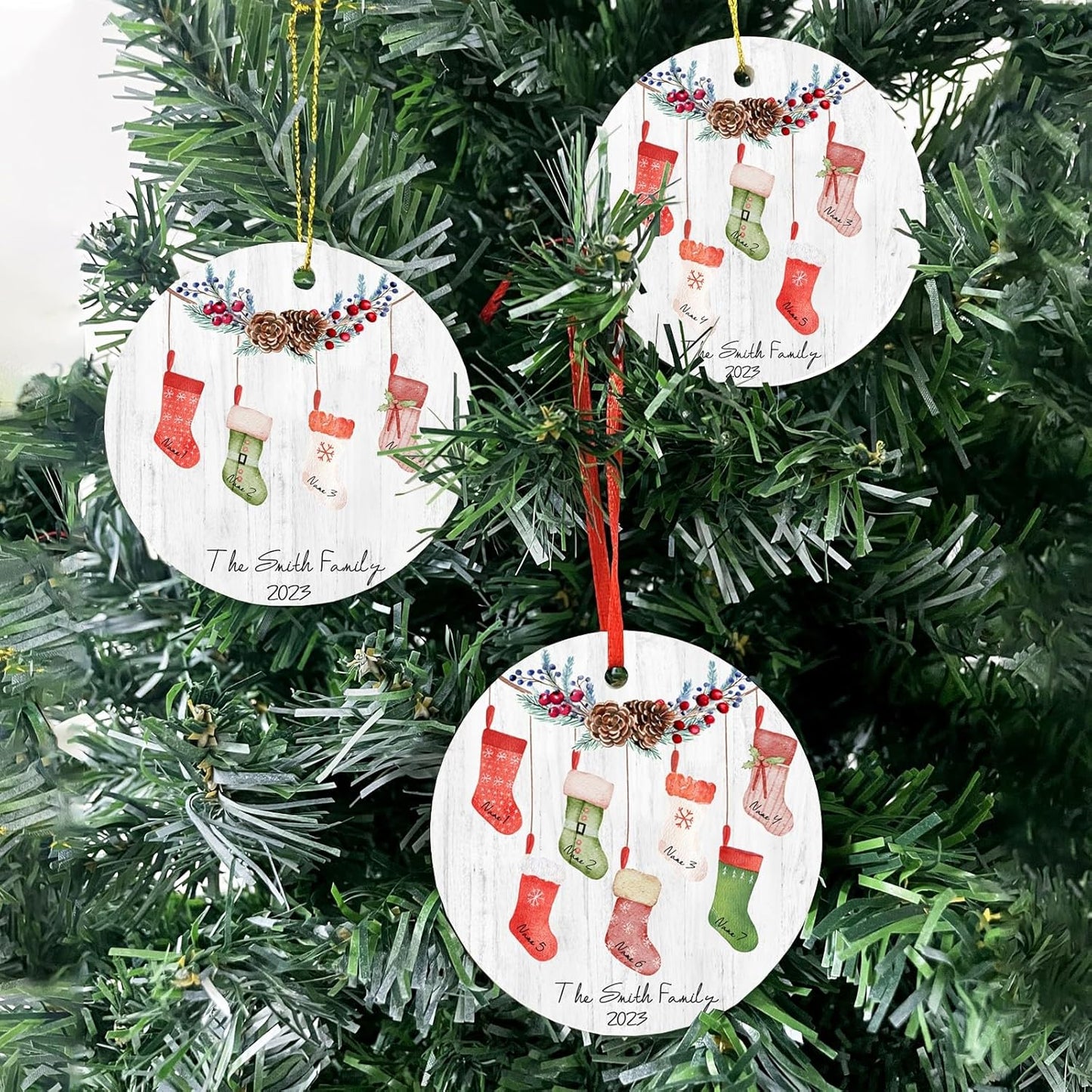 Personalized Family Christmas Ornaments 2025,Double-Sided Ceramics Custom Christmas Stocking Tree Ornament - Up to 8 Names,Customize Names for Each Family Member - Hanging Customized Xmas Ornaments