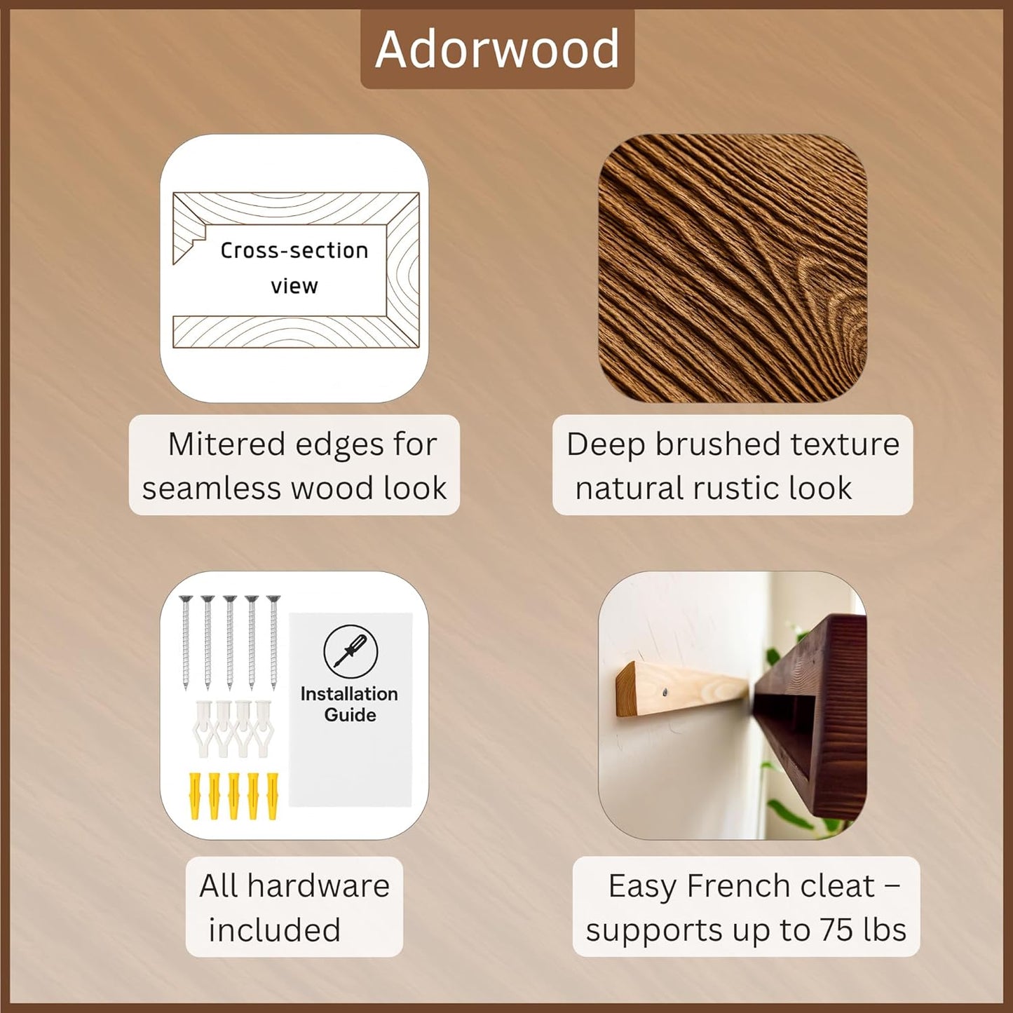 Handmade Fireplace Mantel Shelf 48", Extra Wide Rustic Wood Mantles for Over Fireplace, Wall Mounted Floating Mantel Shelves for Living Room Decor (Light Walnut, 48Lx6Hx8D)