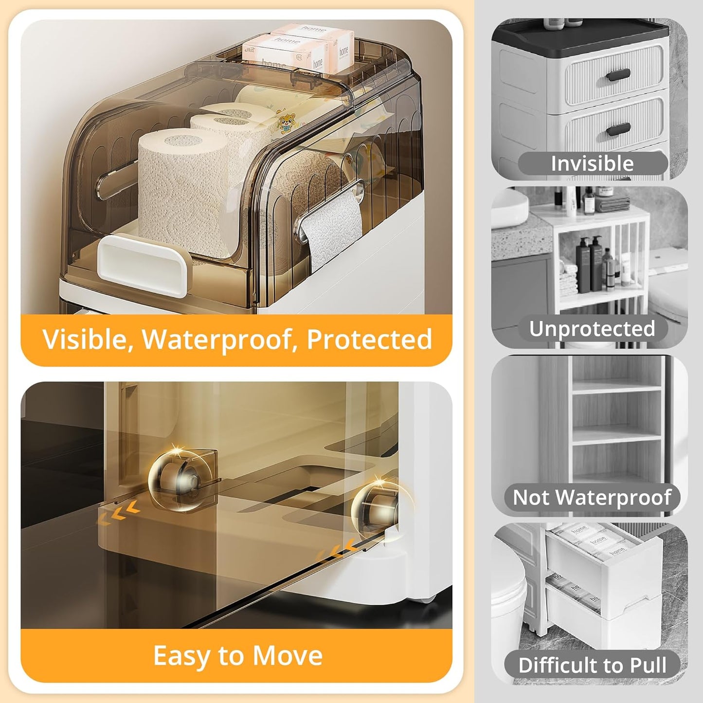 VECELO 5-Tier Narrow Beside Toilet Storage Cabinet, Plastic Bathroom Organizers and Storage with Drawers & Wheels, Space-Saving, Slim Toilet Paper Storage for Bathroom, Laundry Room, Small Space