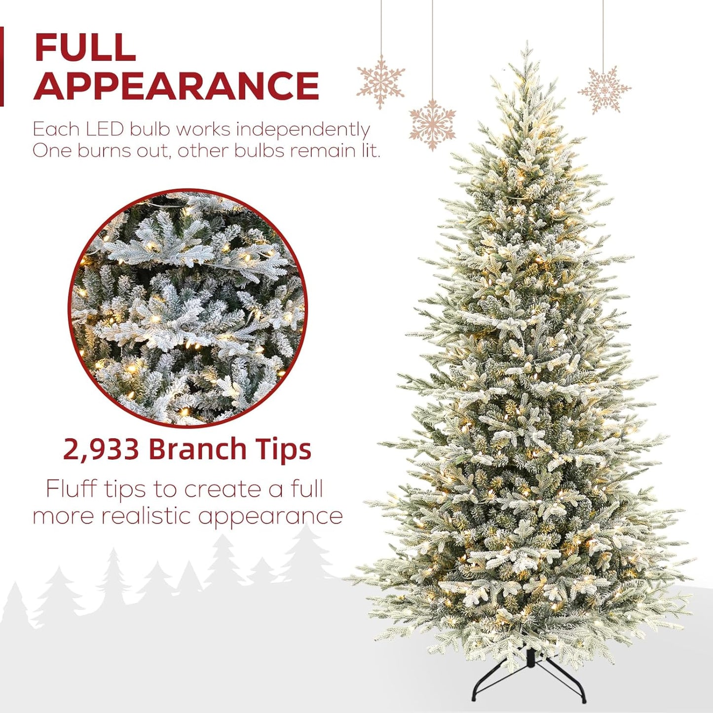 Hykolity 7.5 ft Prelit Snow Flocked Christmas Tree, 2933 PE&PVC Realistic Branch Tips, Artificial Twinkling Christmas Tree with 450 Warm White LED Lights, Metal Stand and Hinged Branches