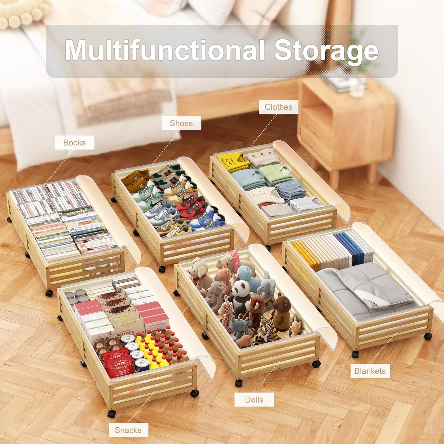 Under Bed Storage with Wheels-Large Bamboo Underbed storage Containers with Large Dust Bag Stackable Under the Bed Shoe Storage Bins for Clothes Books Bedding (2 Packs Nature, 33.07"L×16.54"W× 6.5"H)