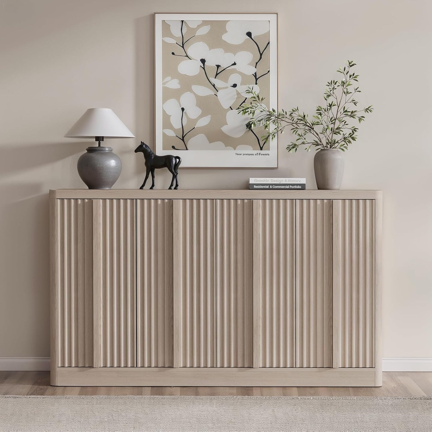 Fluted Buffet Cabinet with Storage, 60" Sideboard Buffet Accent Cabinet with 4 Door & Solid Wood Handle, Modern Buffet Table Credenza Console Cabinets for Living Room, Dining Room, Kitchen, Oak(1PCS)