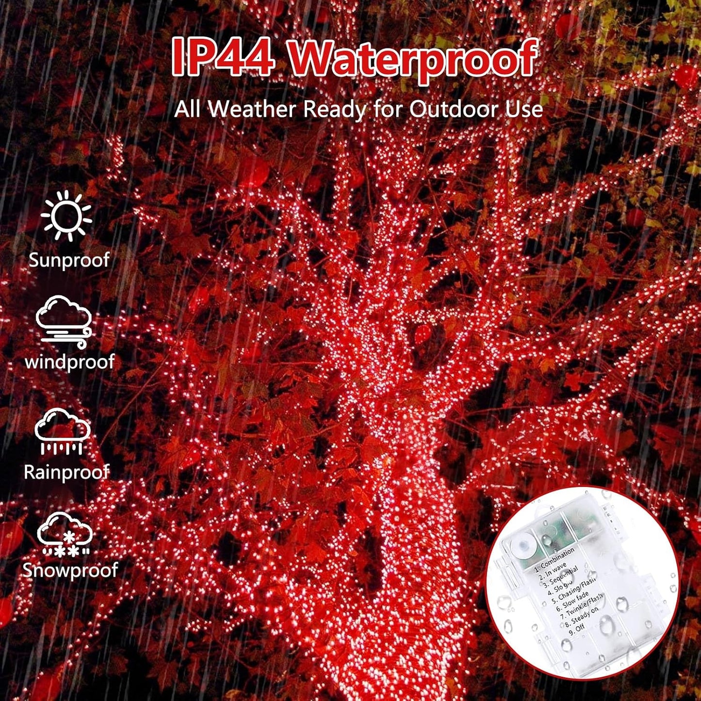 2 Pack Halloween String Lights Battery Operated with Timer, 66FT 200 LED Waterproof Battery Twinkle Lights, 8 Modes Fairy Light for Indoor & Outdoor Party Bedroom Garland Tree Christmas Decor (Red)