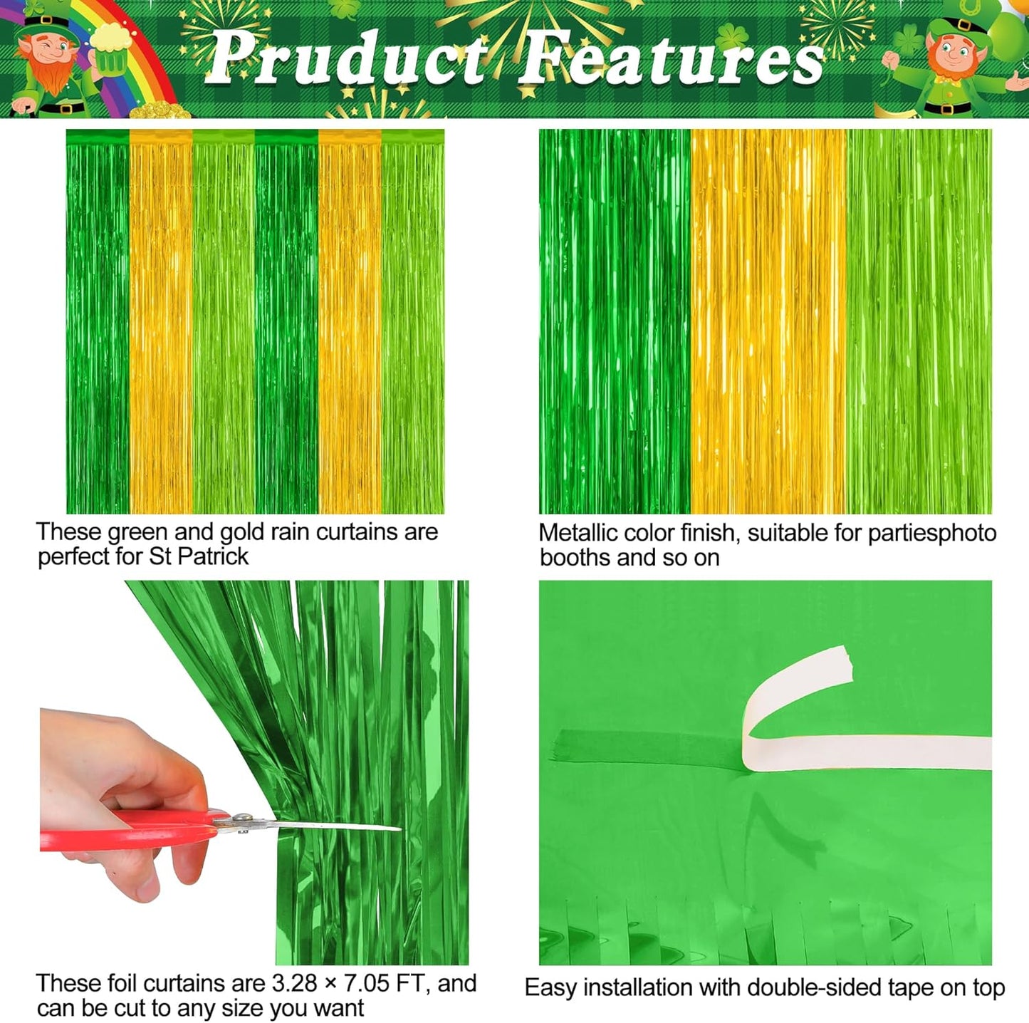 2 Pack St Patrick Party Decorations, 3.28 FT x 7.05 FT Green Gold Light Green Backdrop Curtains, Metallic St.Patrick Fringe Curtains Party Streamer Tinsel Backdrop, St Patrick Party Supplies