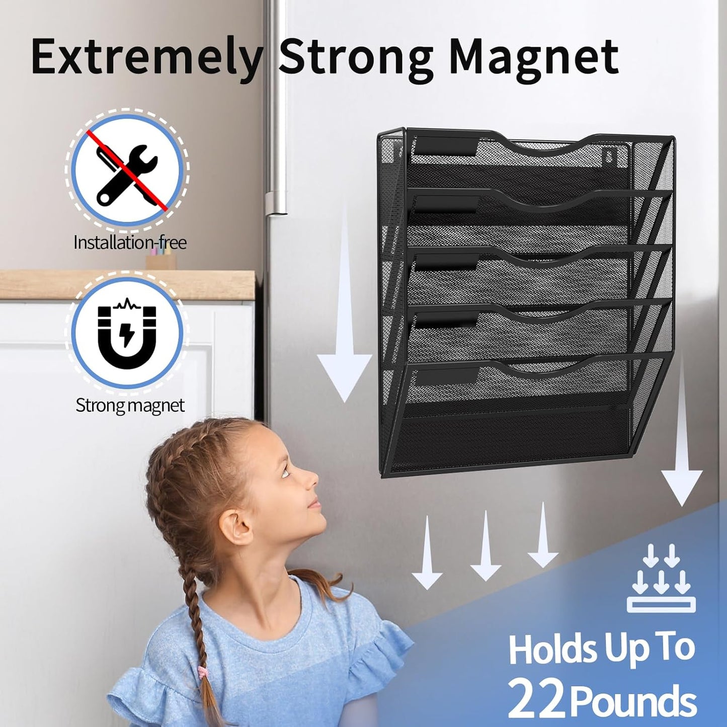 5-Tier Magnetic File Holder, No Drilling Installation File Cabinet Organizer, Black Magnetic File Organizer, Magazine Rack, Magnetic Paper Holder for Refrigerator, File Cabinets, Whiteboard