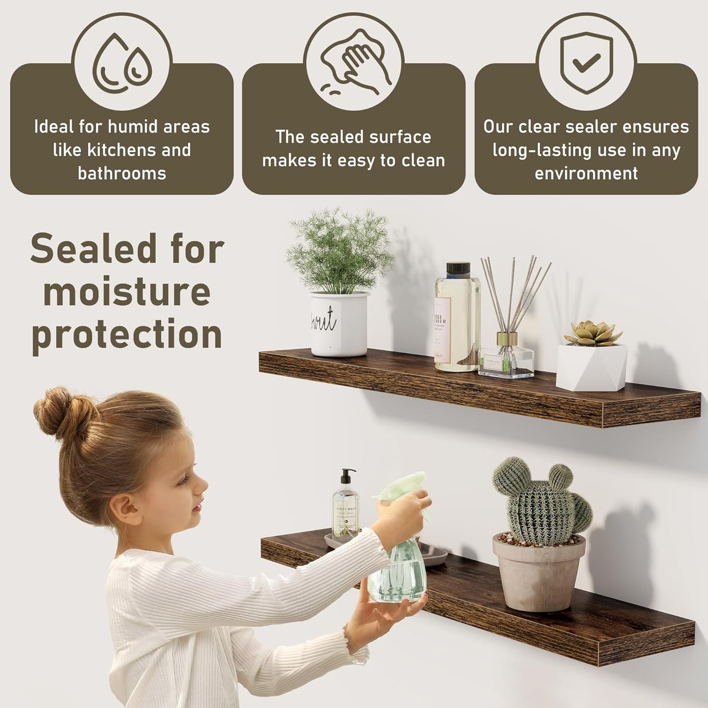 Floating Shelves Wall Shelf 40 Inch, 8 Inch Deep Floating Shelf for Wall, Farmhouse Black Wood Shelves Invisible Bracket for Living Room, Bedroom, Kitchen, 40 x 8 x 1.4 Inch, Set of 2, Rustic Brown