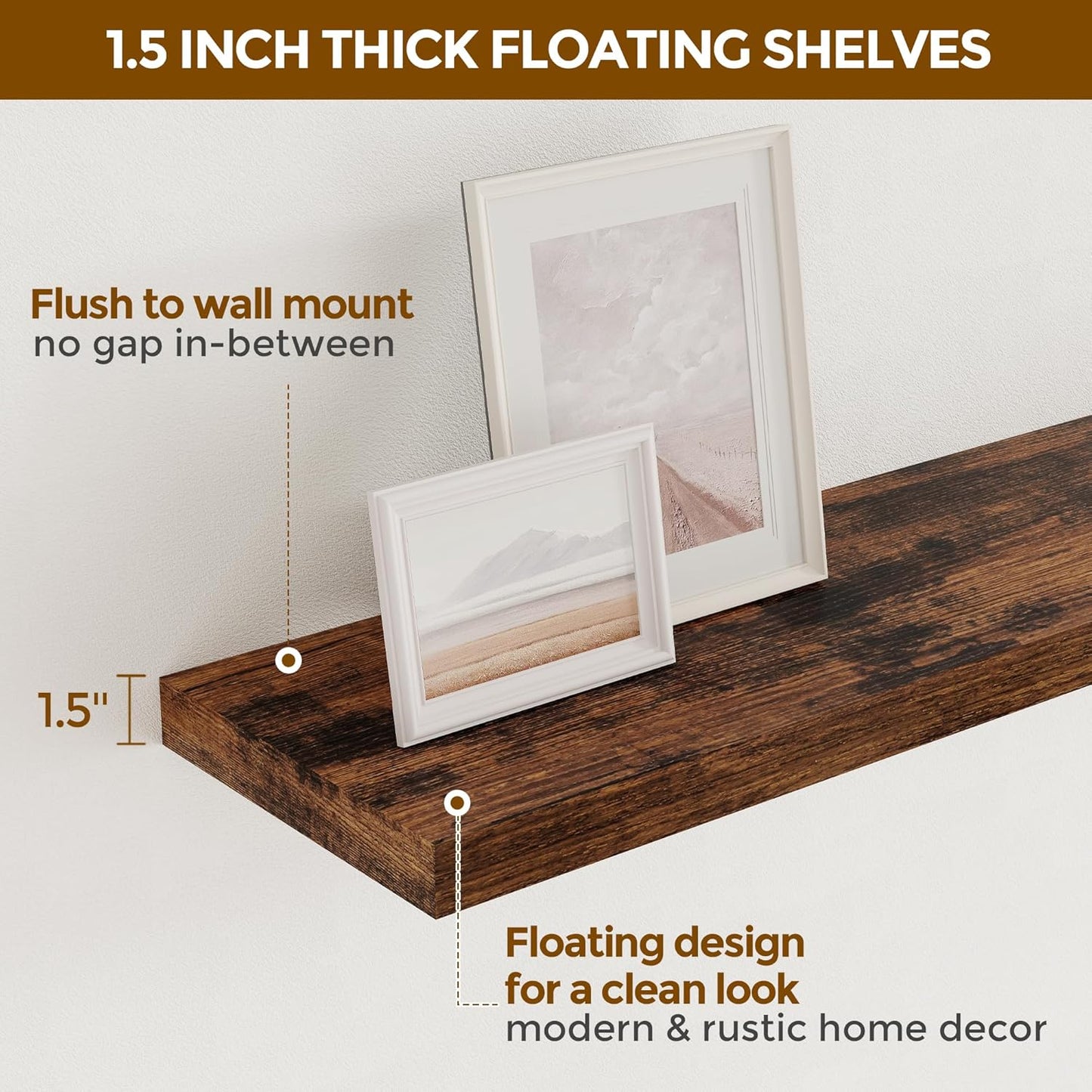 Fun Memories Rustic Wood Floating Shelves for Wall, 36 x 9 Wall Shelves Set of 2, Deep Floating Shelf for Kitchen, Living Room Storage & Display, Deep Wooden Bookshelf, Rustic Brown Color