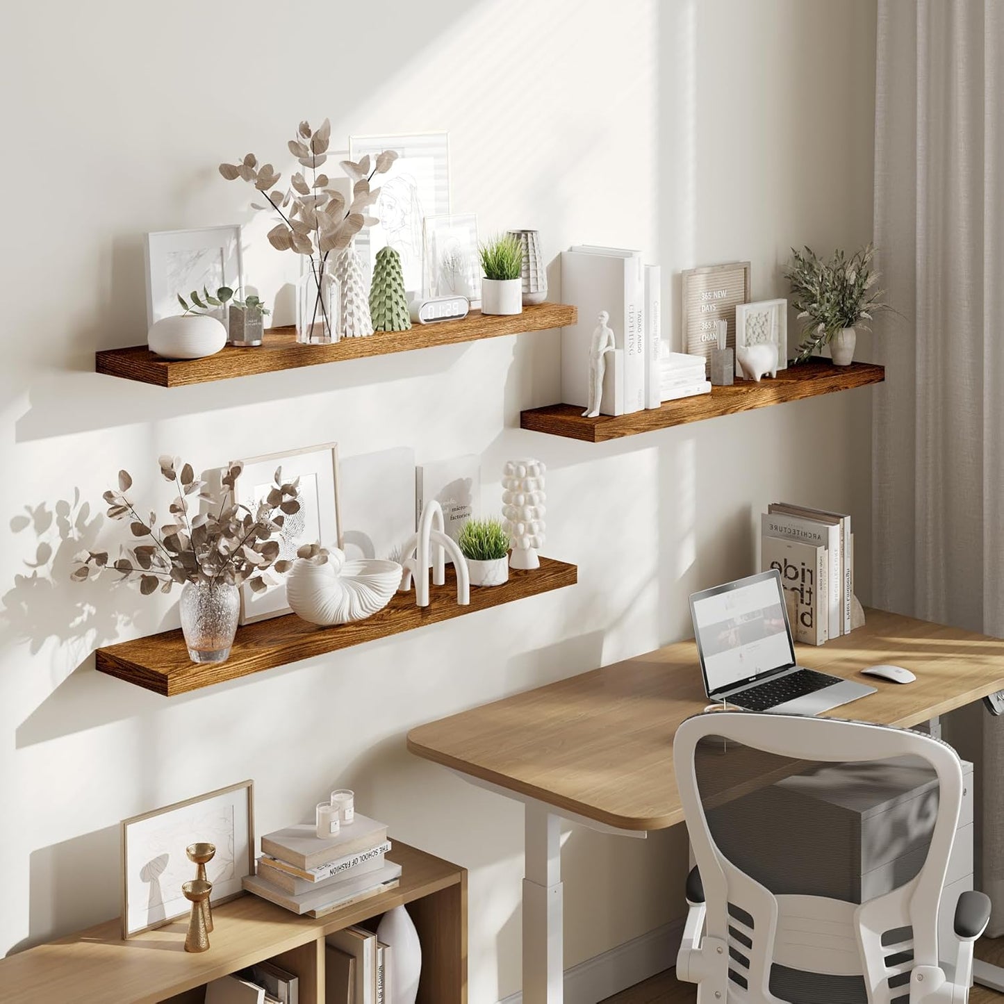 BAMEOS Floating Shelves, American Oak Wall Mounted Wooden Shelves with Invisible Brackets Set of 3, Hanging Wall Shelves Decoration for Bedroom, Bathroom, Living Room and Kitchen