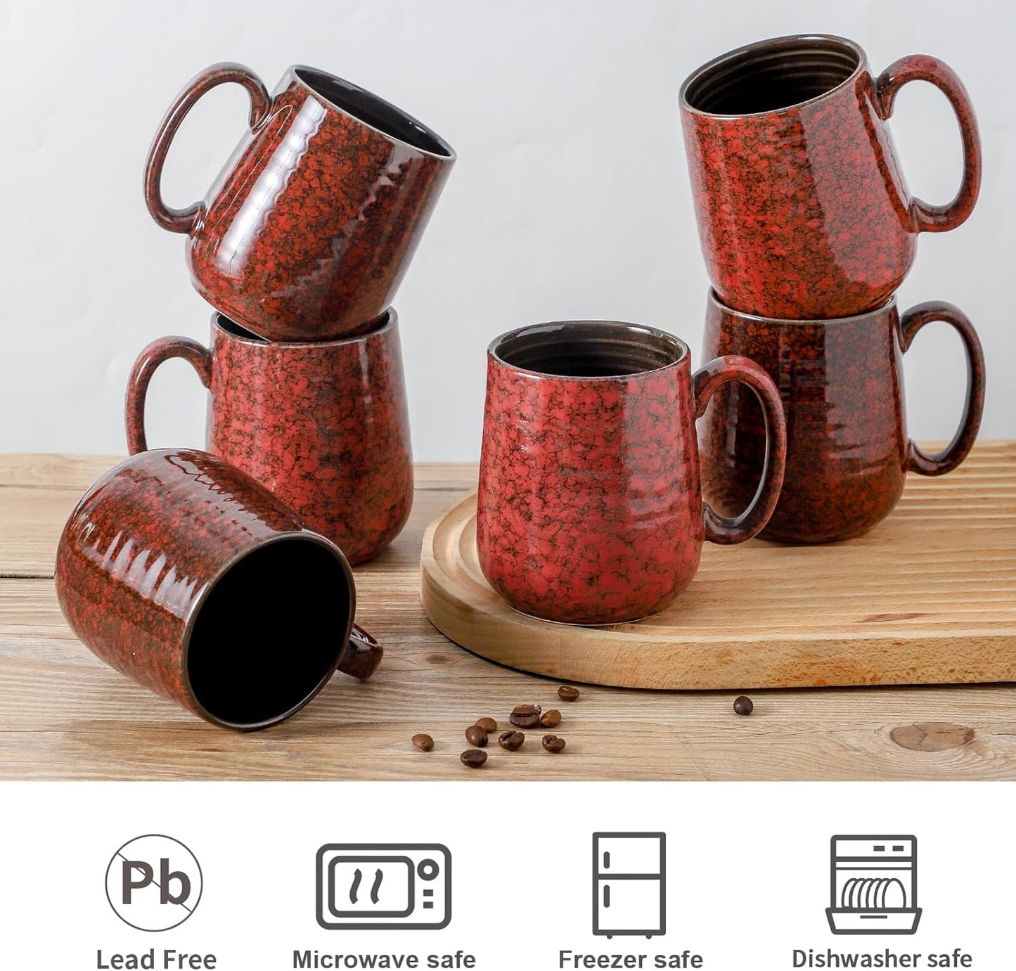 Hasense Coffee Mugs Set of 6, 15 Ounce Ceramic Coffee Cups Set with Handle,Porcelain Tea Mug for Kitchen, Red Cup for Tea,Cocoa,Dishwasher and Microwave Safe