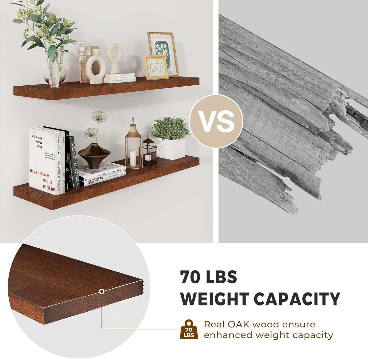 Fun Memories Solid Oak Wood Floating Shelves, 9.3 Inch Deep Natural Wood Shelf with Invisible Heavy Duty Bracket for Bathroom Bedroom Kitchen - 36inch Set of 2, Walnut