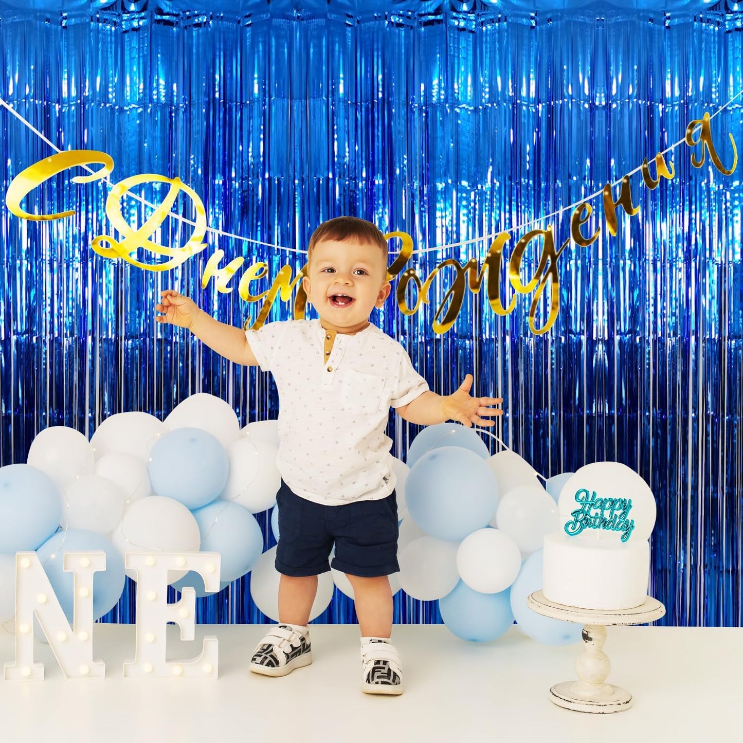 GOER 3.2 ft x 9.8 ft Metallic Tinsel Foil Fringe Curtains Party Photo Backdrop Party Streamers for Birthday,Graduation,New Year Eve Decorations Wedding Decor (4 Packs,Navy)