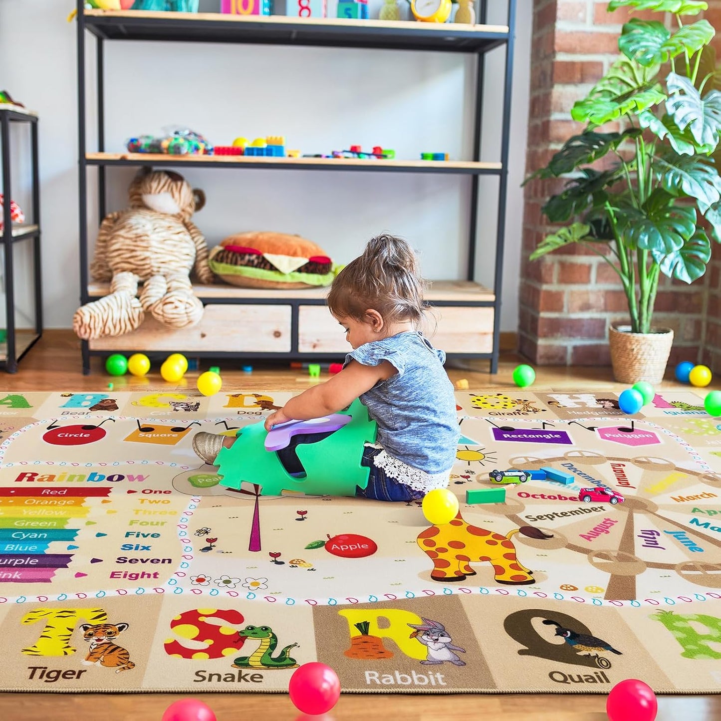 4x6 Playroom Rugs for Kids Washable, Educational and Fun Playmat with ABC Alphabet Animals Shapes Colors, Non-Slip Play Mat Learning Rugs for Baby Toddler Children Game Activity, Beige