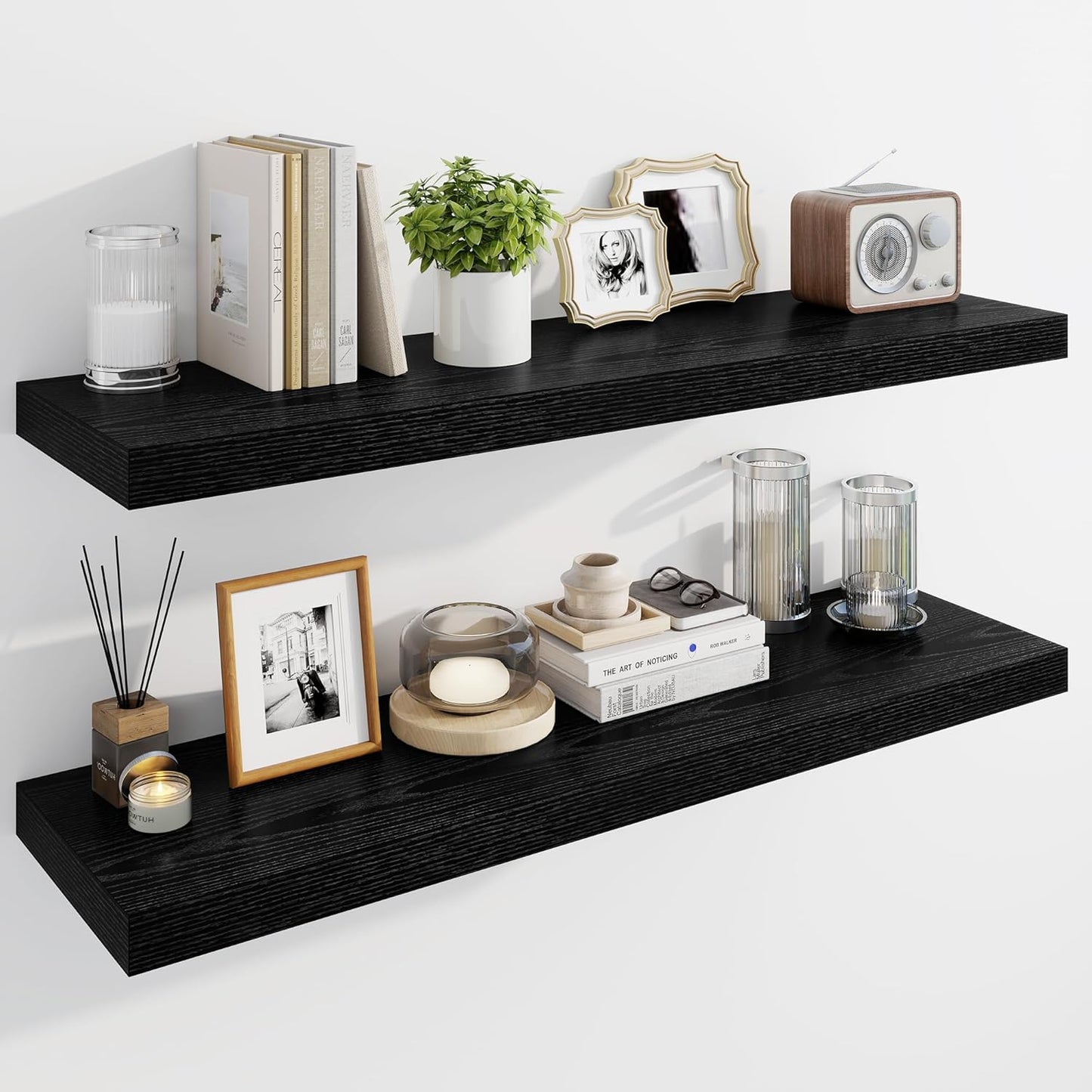 Marsmiles 39" Floating Shelves for Wall, Wooden Shelves with Invisible Brackets Set of 2, Rustic Farmhouse Wall Mounted Shelf for Kitchen Bathroom Living Room Study, Black