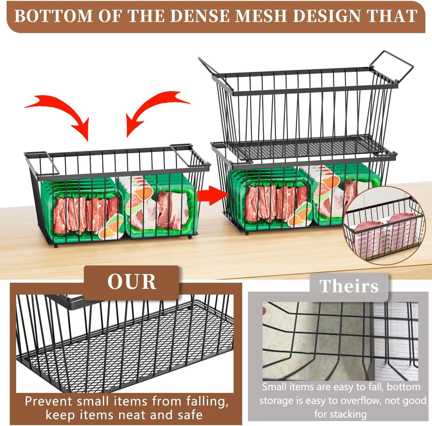 5 Pack Stackable Deep Freezer Organizer Bins ，Upgraded Bottom Leak-Proof net，Encryption and Hardening ， Freezer Organizer Bins for 5 to 7 Cu.FT Small Chest Freezer， Easy Get Bottom Foods