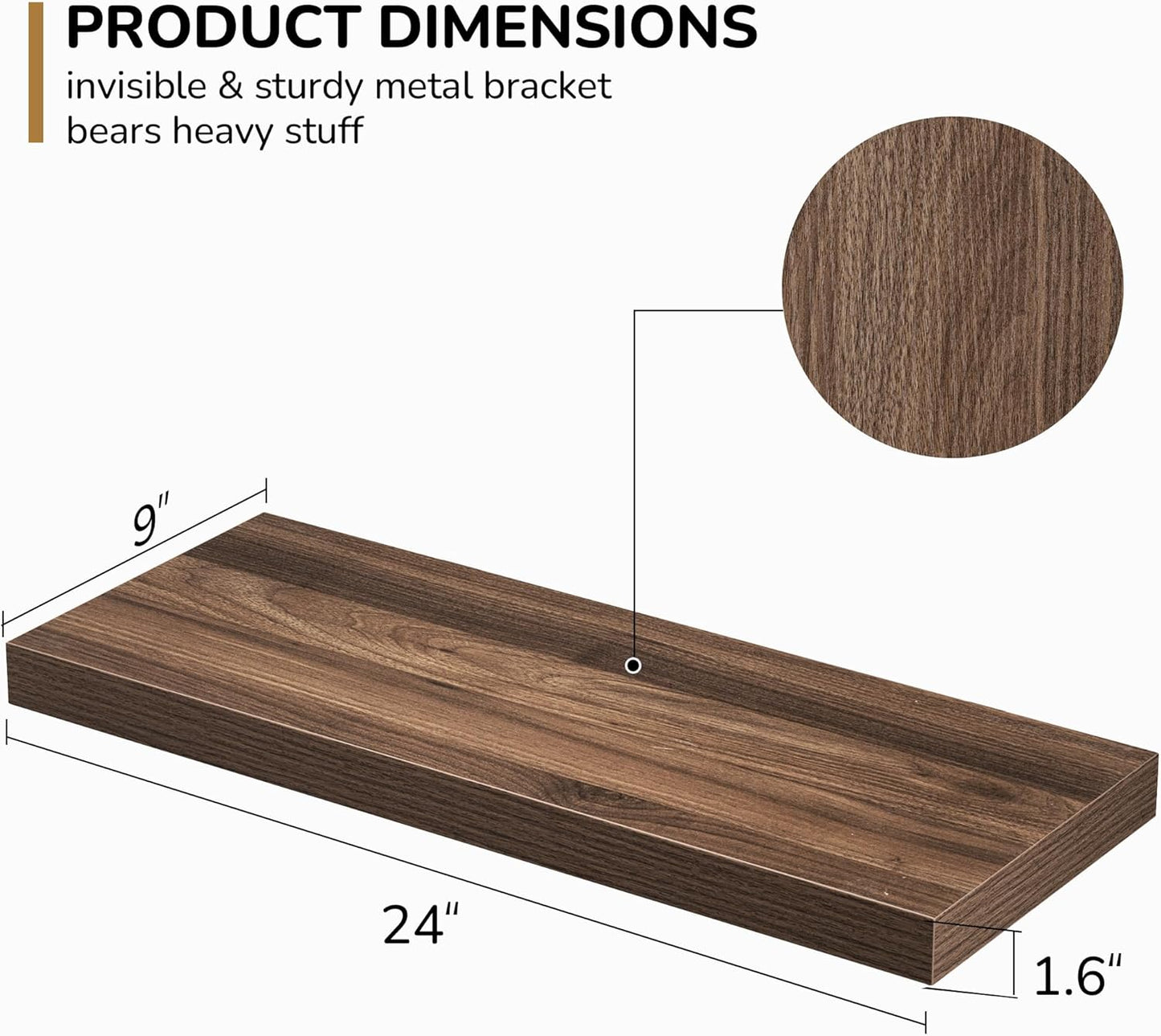 Fun Memories Floating Shelves - 24 Inch Rustic Wooden Wall Shelves - Extra Deeper & Thicker Wall Mounted Storage Shelf for Living Room, Kitchen, Farmhouse - 24"x 9"x 1.6" 2Pack, Walnut