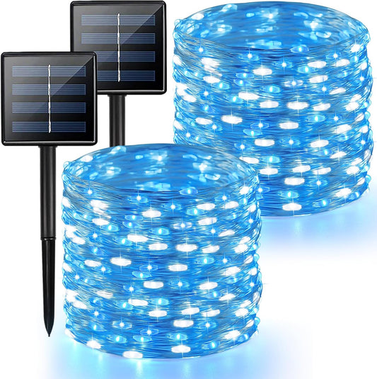 2 Pack Blue and White Solar String Lights Outdoor, 80FT 200 LED Waterproof Silver Wire Fairy Light, 8 Modes Solar Twinkle Light for Christmas Wedding New Year Independence Day Patio Fence Tree Decor