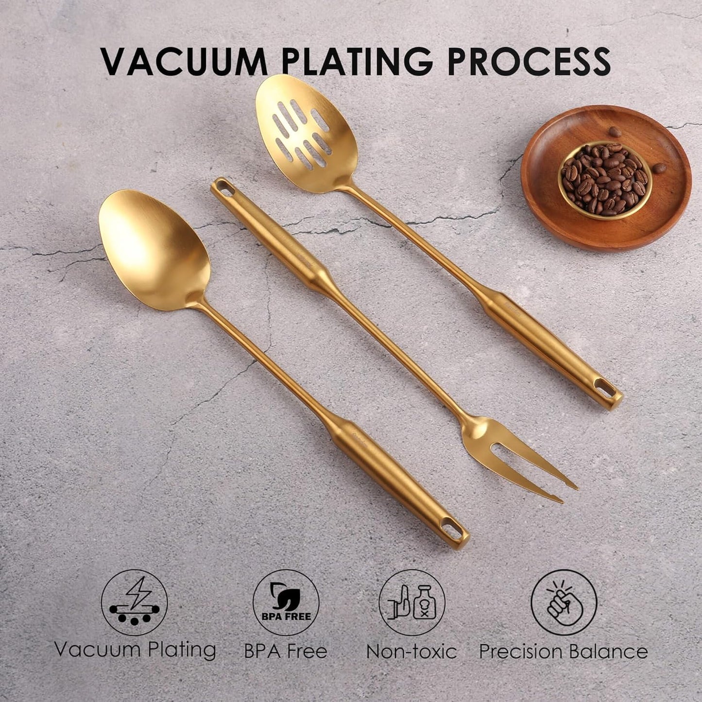 Gold Kitchen Utensils Set - 18/10 Stainless Steel Cooking Tools, 15" All Metal Serving Utensils with Fork, Solid/Slotted Spoon, Spatula, Ladle, Skimmer, Tunner, Pasta Spoon, Large Spoon, Set of 9