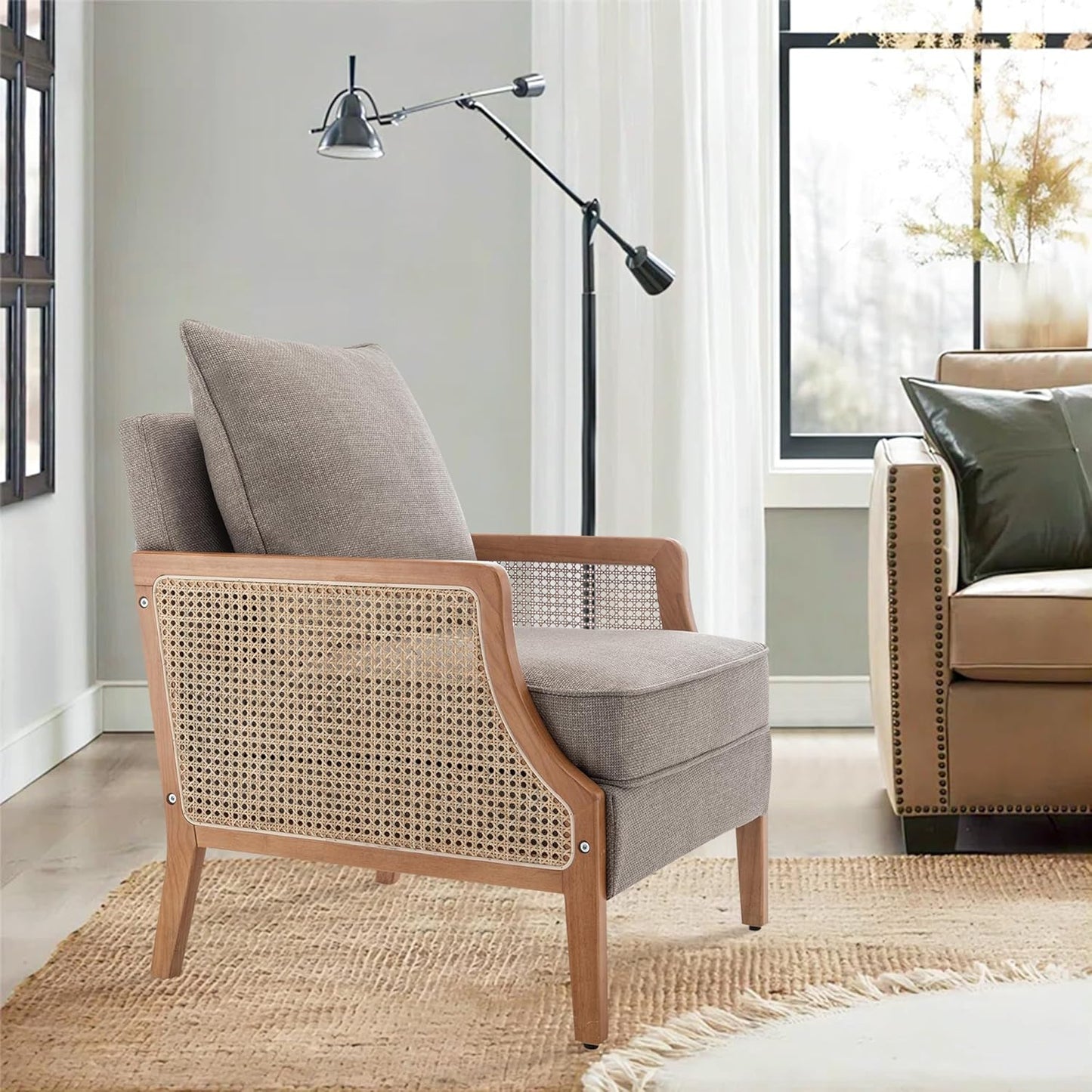 HAOBO Home Mid Century Modern Accent Chair Upholstered Living Room Chairs Armchair with Rattan Armrest Comfy Reading Chair with Wood Frame Lounge Side Chair with Waist Cushion