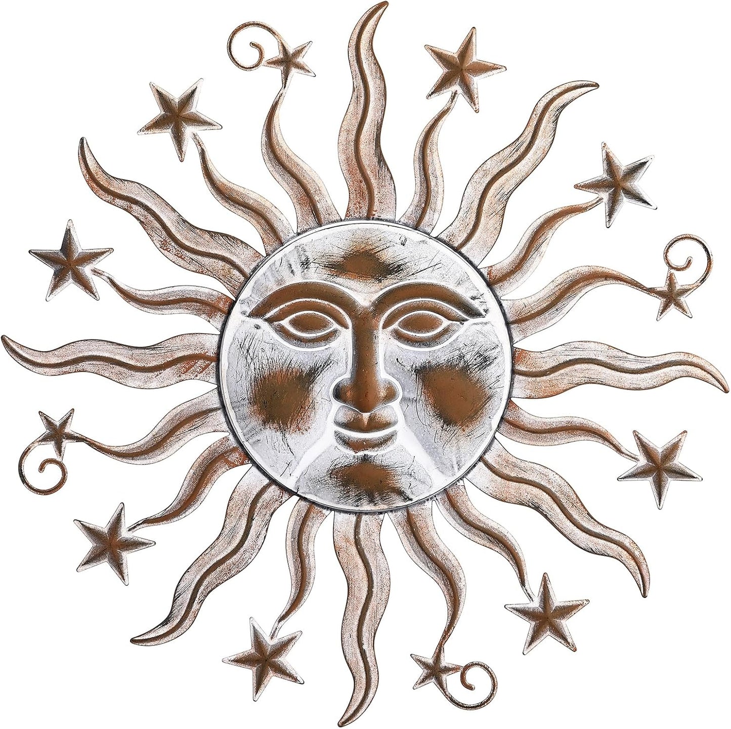 TICKCACY Metal Sun Wall Art Sculpture Decor, 23.8” Vintage Sun and Star Wall Hanging Decoration for Indoor Outdoor Living Room Farmhouse Yard Garden Patio